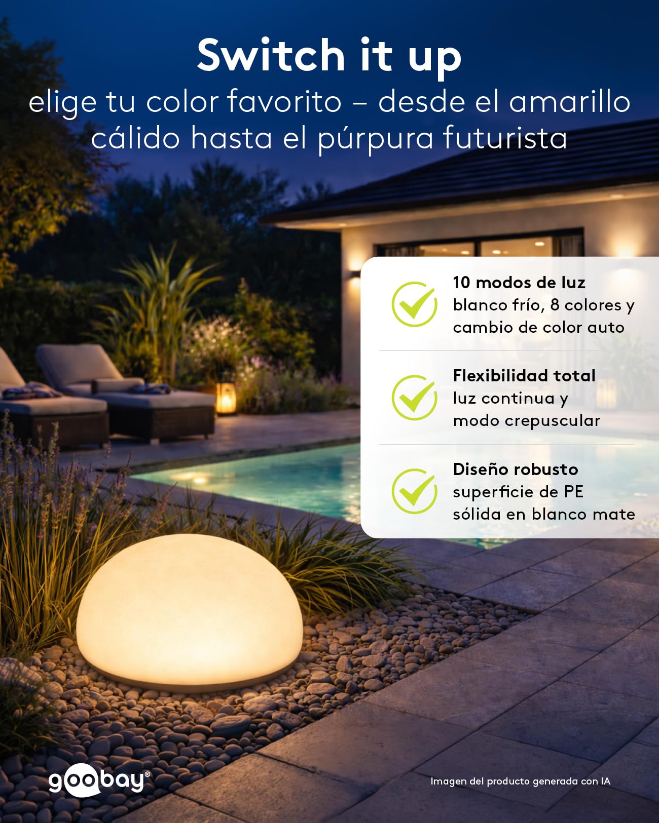 goobay Set de 2 Lámparas solar LED Piedra RGB 24cm para jardín y exterior, esferas IP44 impermeables, luz ambiental con 10 modos, resistente a la intemperie, ideales para terraza y balcón, con estaca