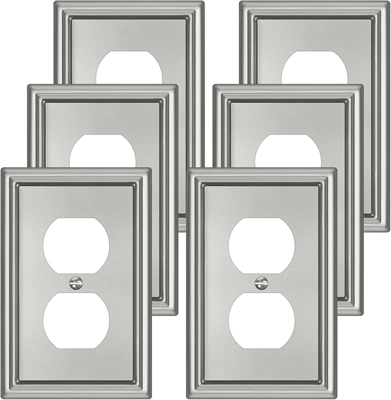 Brushed Nickel Metal Decorative Duplex Outlet Covers Wall Plates,6 Pack | Switch Plate Covers,Outlet Covers Wall Plate,1-Gang Wall Plates for Home Renovation,Durable Metal