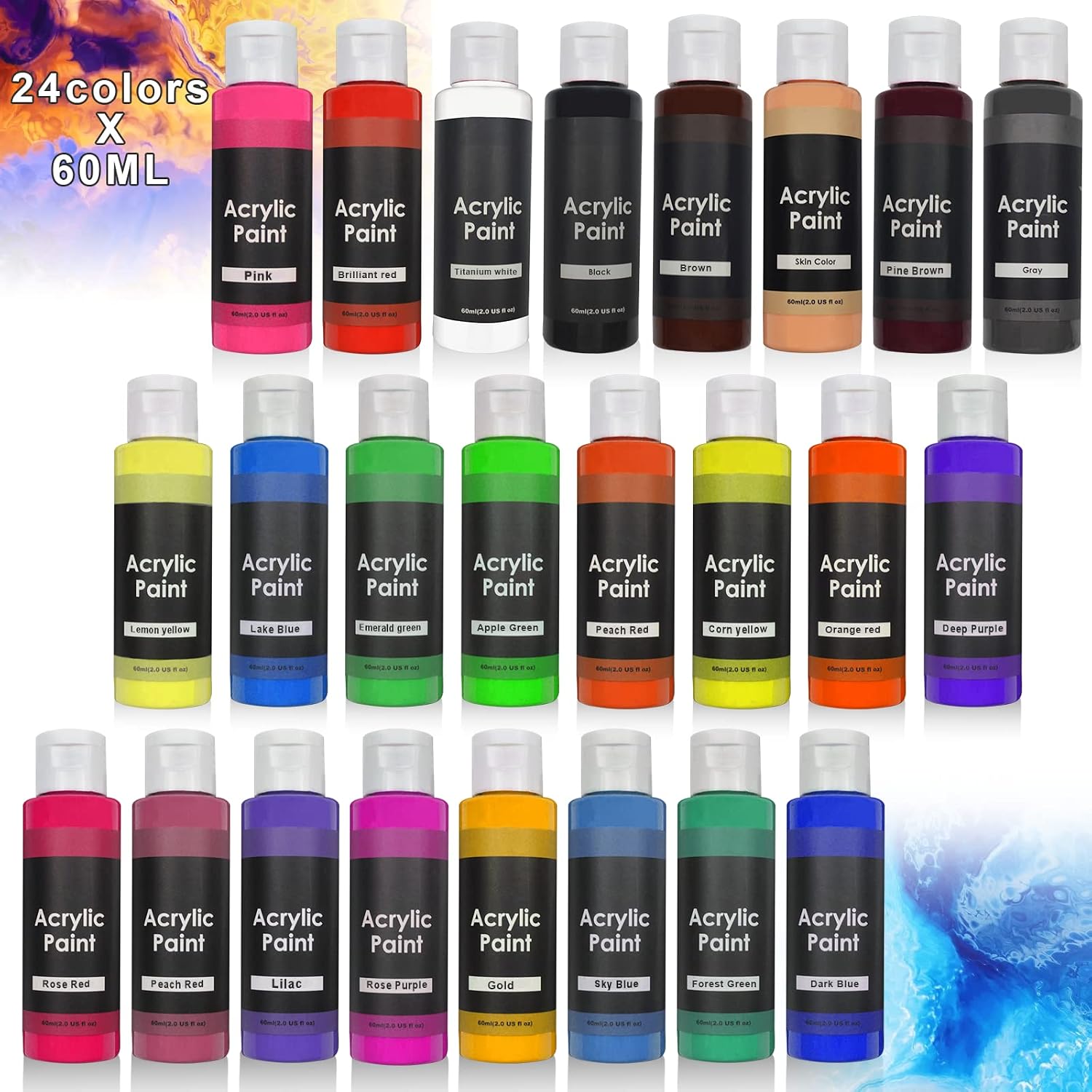 Happlee Acrylic Paint Kit Non-Toxic Paint Supplies for Canvas Wood Ceramic Rock Painting, Art Paint for Kids Beginners Students Adults Artist Painters(24 colors×2oz)