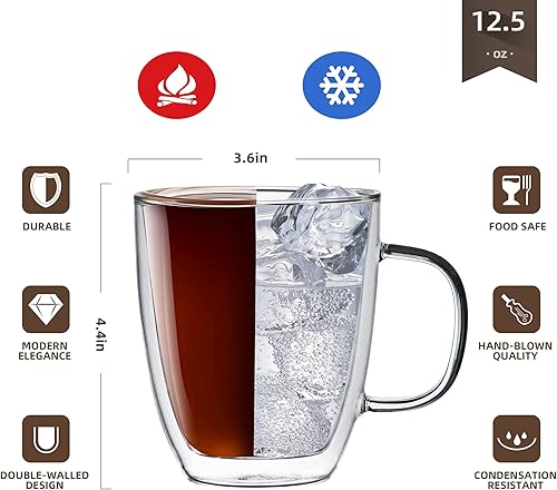 Miniatura 2 de Buaic Tazas de café de vidrio de doble pared de 12.5 onzas, juego de 2 con 2 tazas de café de 2.7 onzas, tazas de café aisladas, tazas de vidrio