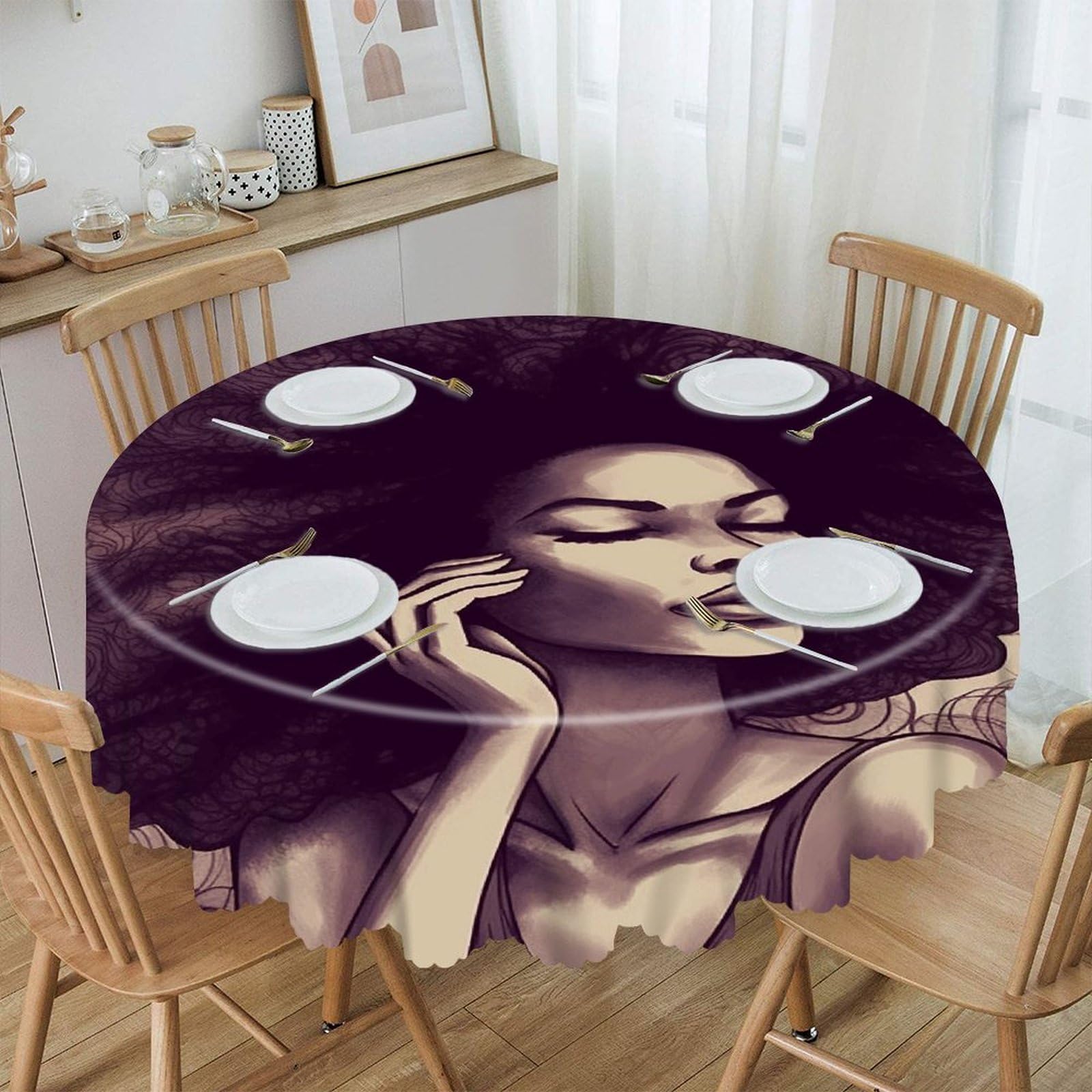 VstaDank African Hair Black Women Round Tablecloth Wipeable Round Polyester Tablecloth Waterproof Wrinkle Free Indoor and Outdoor Table Cover 60 Inch Decorative Farmhouse Table Cloth for Dining