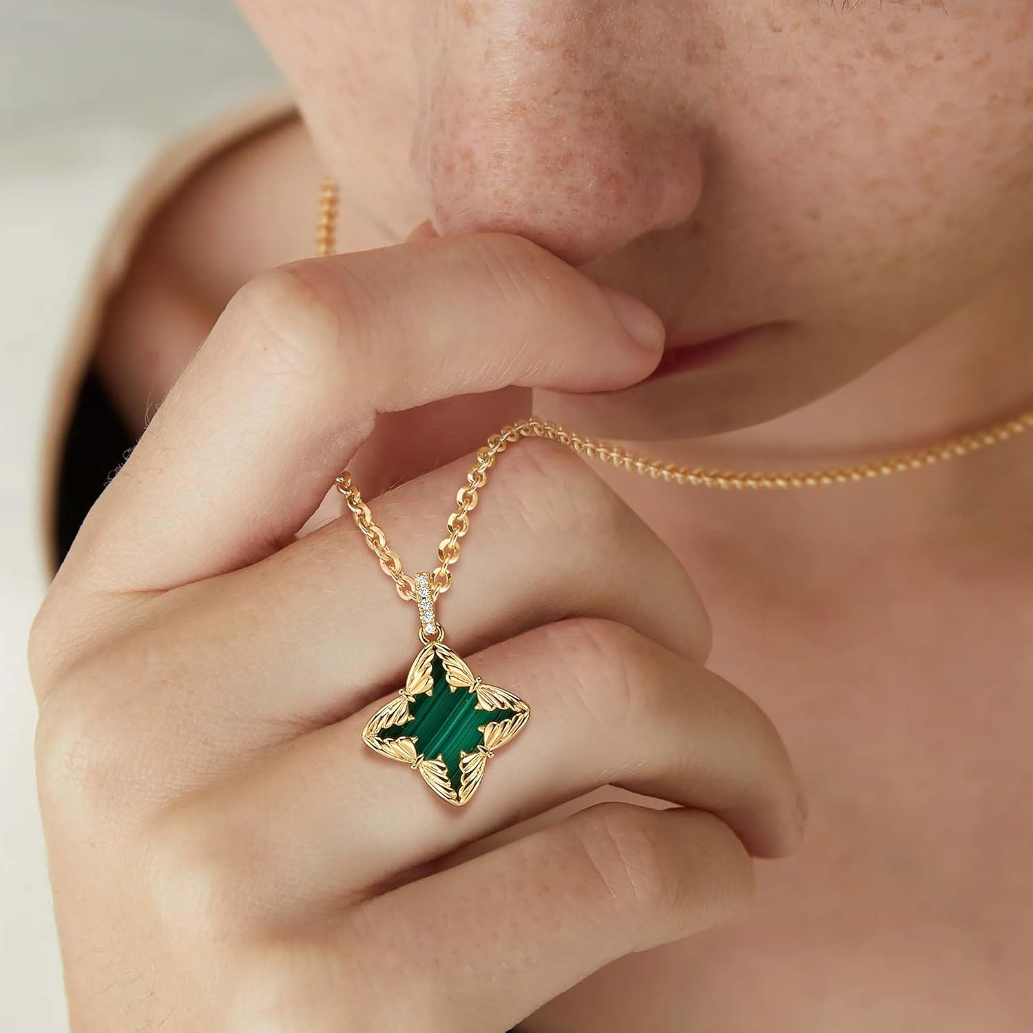 Fettero Necklaces for Women Trendy 14K Gold Plated Charm Necklace Green Malachite Heart Coin Butterfly Cross Clover Pendant Dainty Gold Necklace for Women Jewelry - Image 3