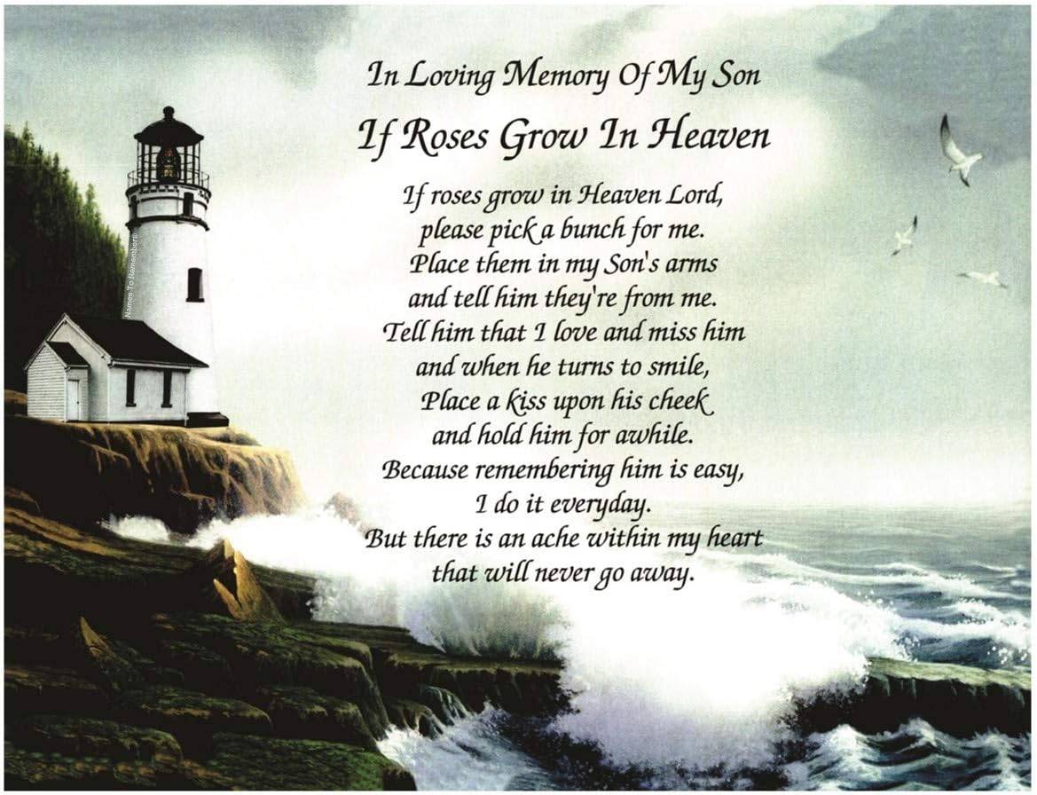 In Memory of Son"If Roses Grow In Heaven" Memorial Poem Gift For Loss Of Child With Lighthouse Background