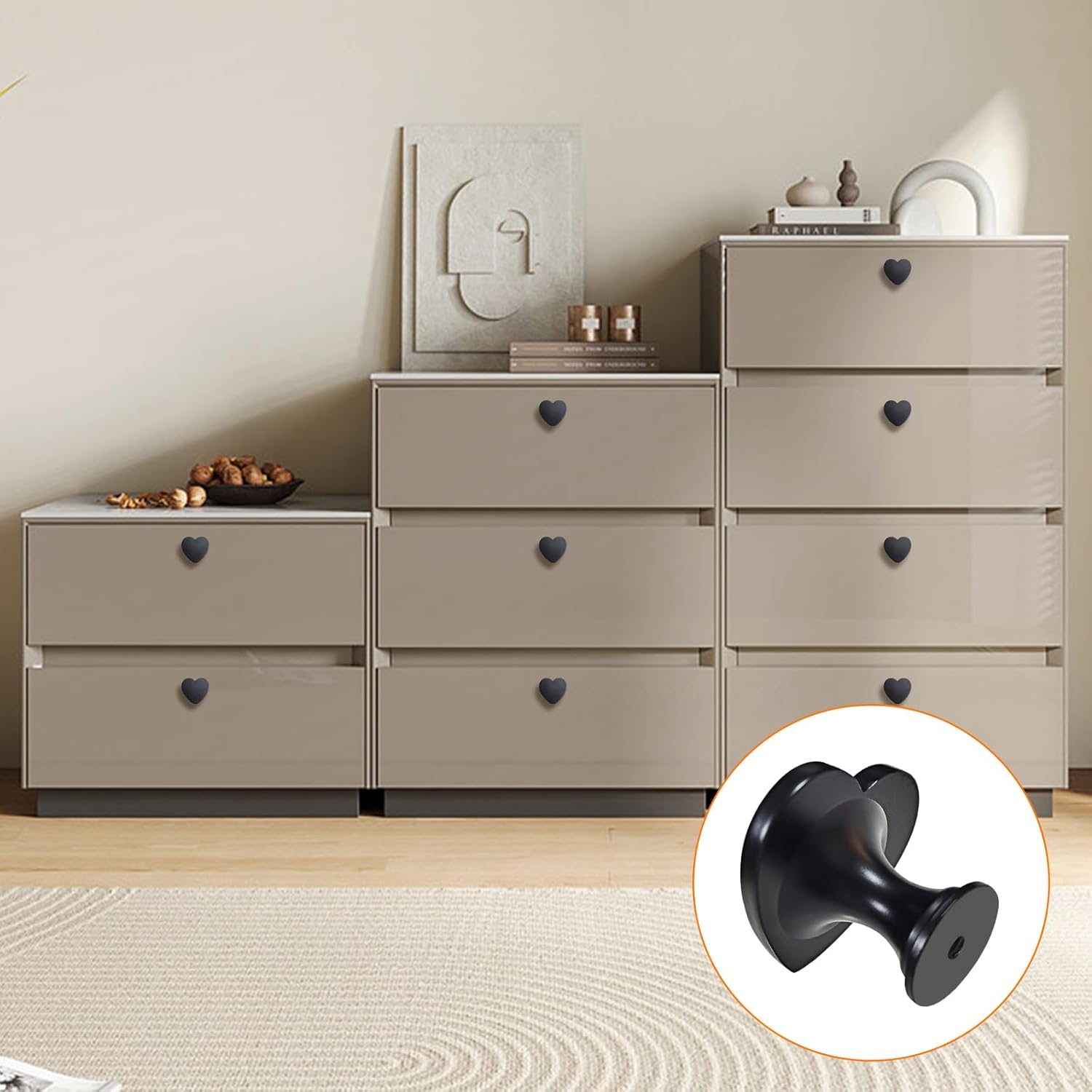 6 Pcs Heart-Shaped Black Cabinet Knobs,Drawer Pulls and Knobs Kitchen Cabinet Hardware for Wardrobe, Drawer, Dresser, Wine Cabinet