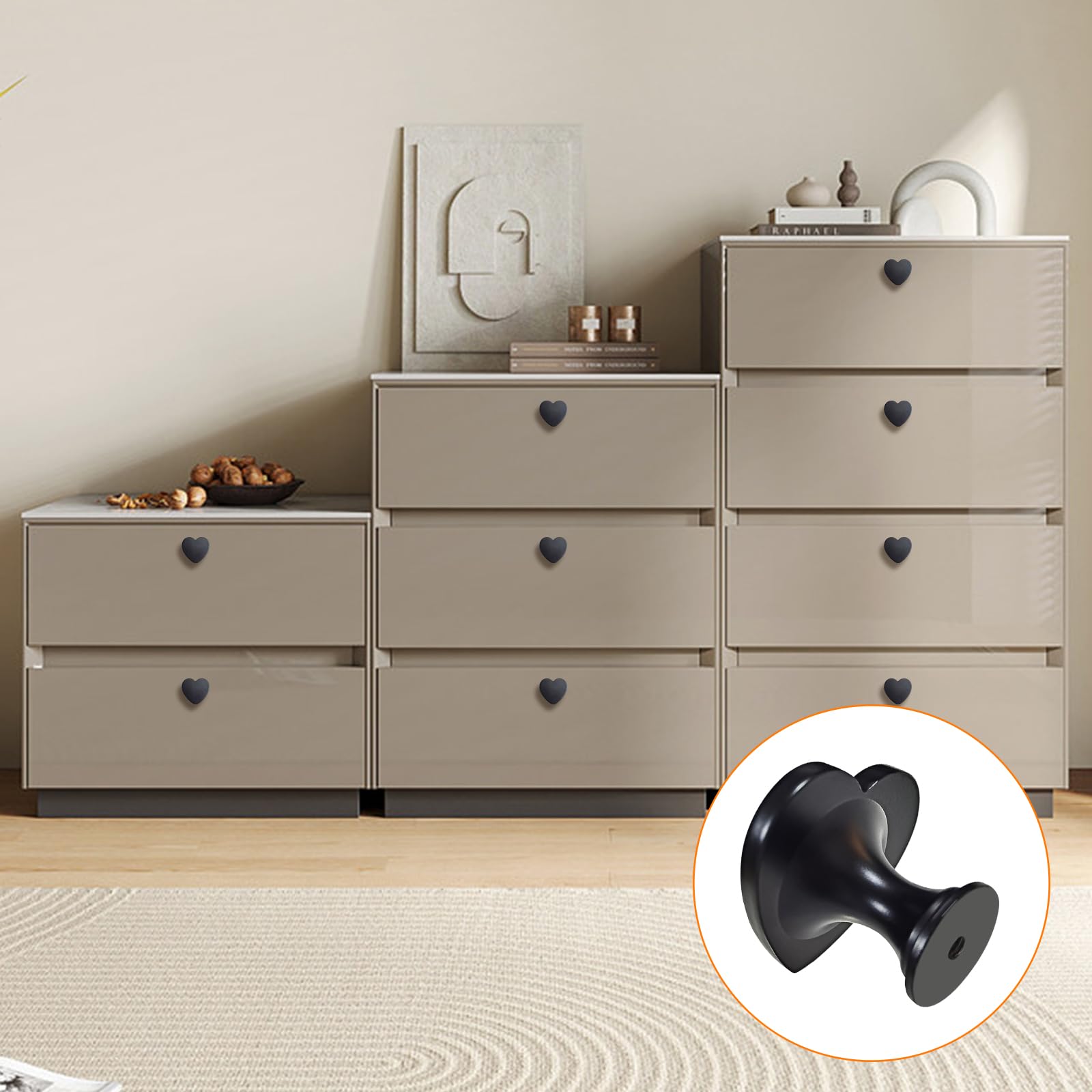 6 pomos de corazón negros con agujero para decoración de muebles, puertas, cajones, armarios, armarios de vino, hogar, 6 unidades