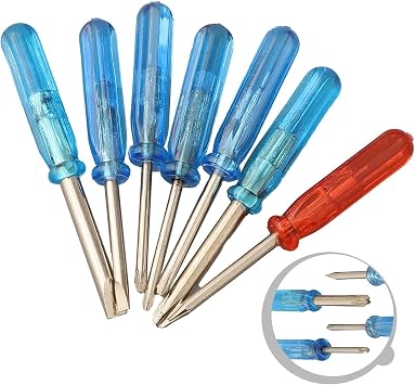 7 Pieces for MINI Screwdriver Set with Cross, Slotted and Star Tips in Blue, Red and Silver 45# Steel, 08-30 mm Sizes for Repairing Toys and Small Items