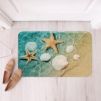 Coastal Beach Ocean Bathroom Rugs Starfish Seashell Conch Bath Mats for Bathroom for Tropical Nature Theme Decor Bath Rugs for Shower Tub Sea Creatures Bathroom Accessories 16x24 Inches