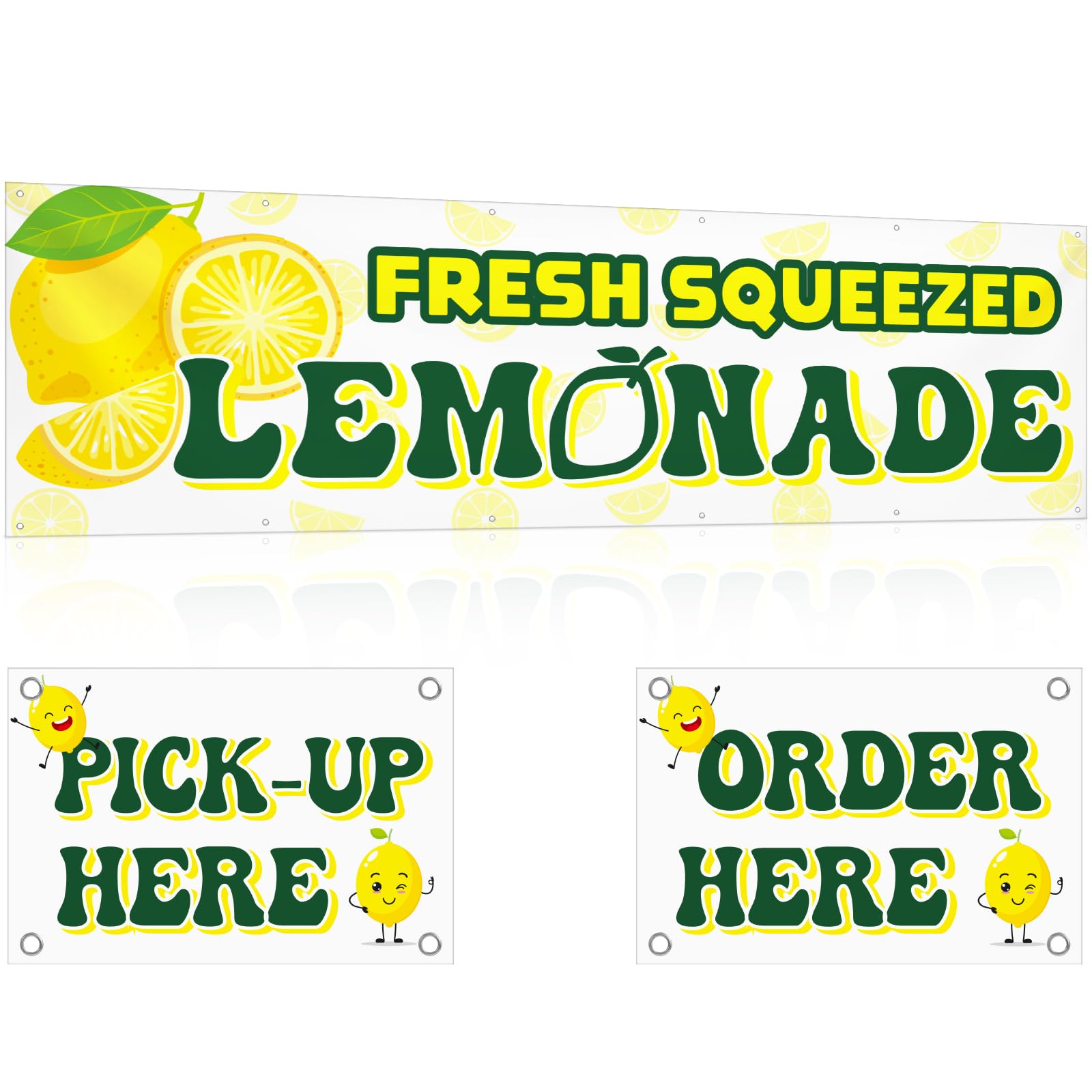SmoothNovelty 3x10 ft Fresh Squeezed Lemonade Banner with Order Here Pick up Here Signs Set of 3 Vinyl Banner Signs for Lemonade Stand Supplies