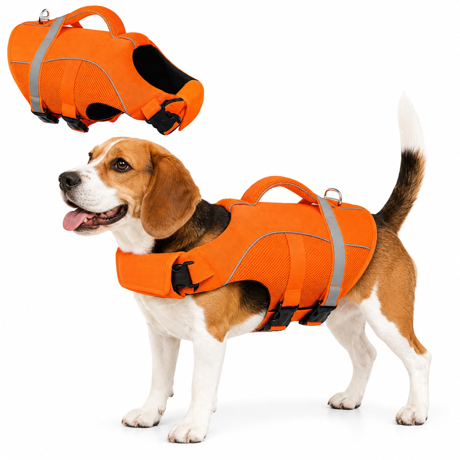 HH-uytnglo Schwimmweste Hund, Hundeschwimmweste Einstellbare Klettverschluss Atmungsaktiv Bequem Hunde Schwimmweste mit Metall D-Ring Reflektoren und Rettungsgriff, für Kleine und Mittlere(Orange M)