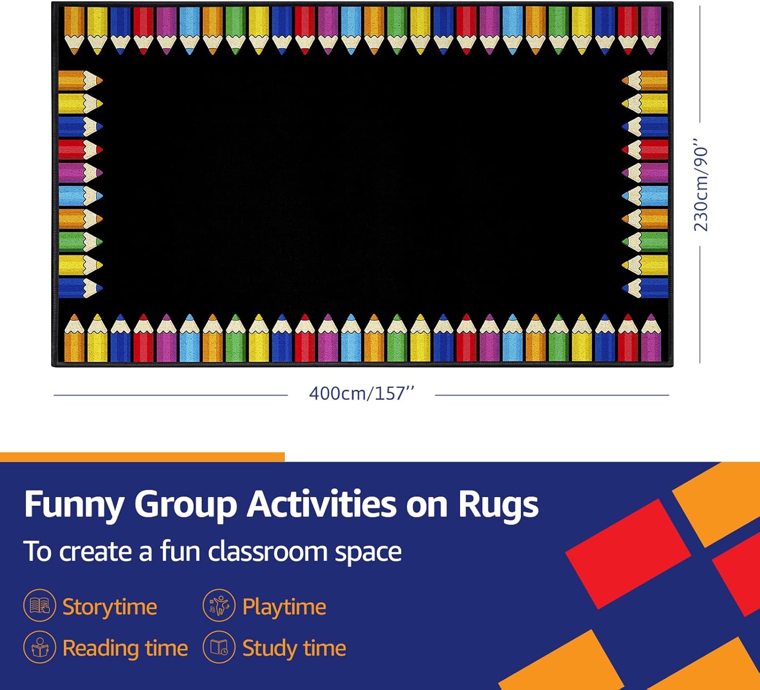 Classroom Rug Elementary Black Kids Carpet 7.5 x 13 ft Learning Educational Carpet Colorful Pencil Pattern for Kindergarten, Preschool, Daycare, Nursery Non Slip Backing Black 7'6' x 13'1' (Rectangular)