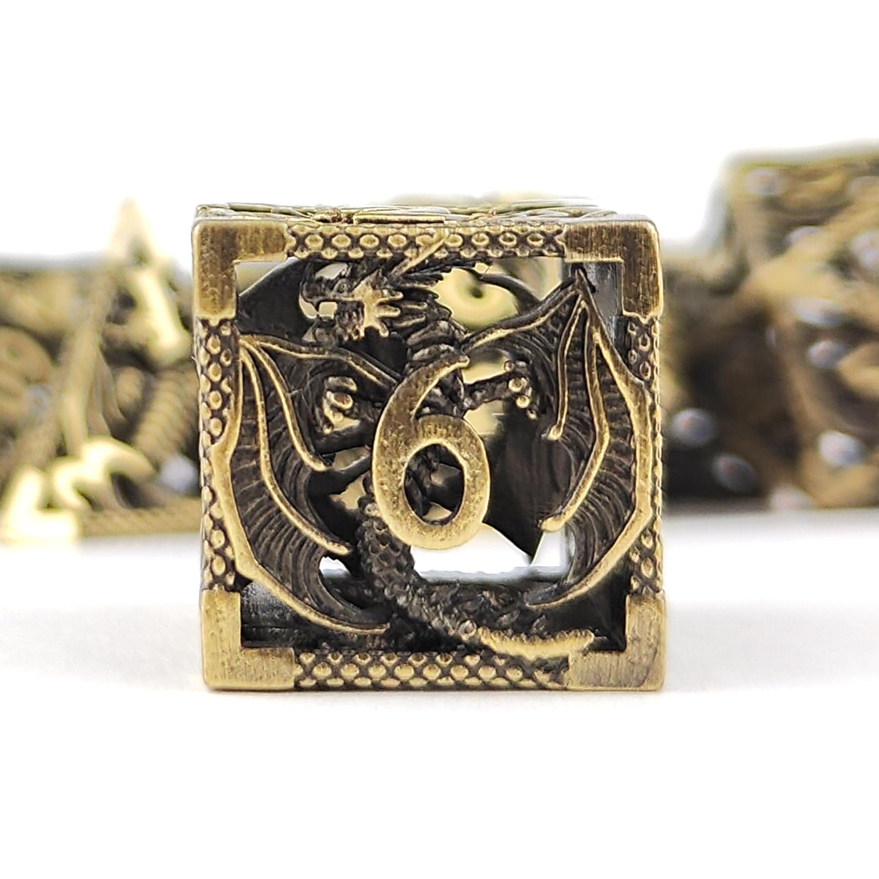 Hollow Dragon Metal Dice,Unique Dungeons and Dragons Polyhedral Dice Set for D&D TRPG,MTG,Pathfinder,Table Board Roll Playing Games D4 D6 D8 D10 D% D12 D20 (Brass) — image 1