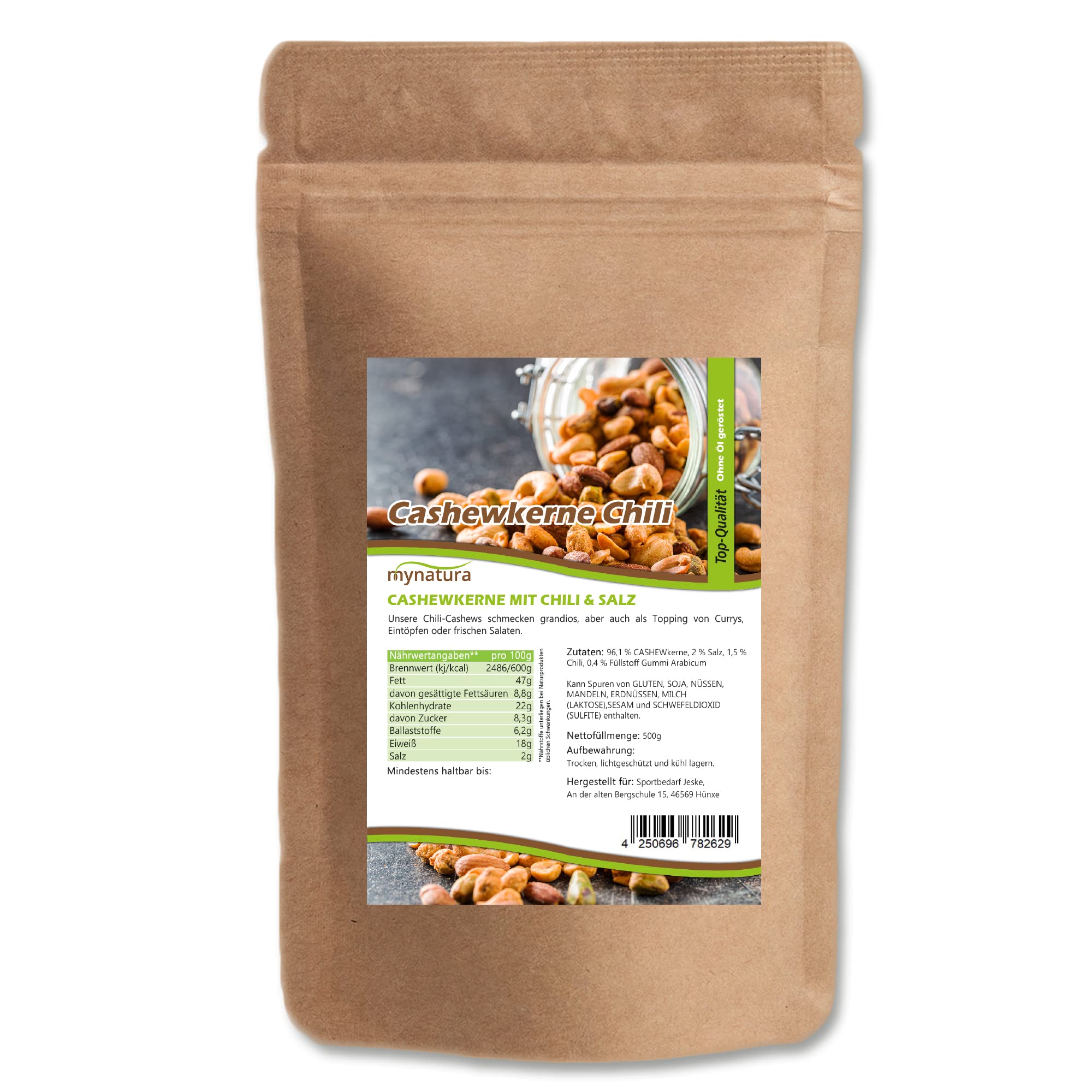 Mynatura Cashewkerne, geröstet mit CHILI und Salz I Nuss I Knabbern I Topping I Kochen I Backen I Snack I Vegan I Beutel (2000g)