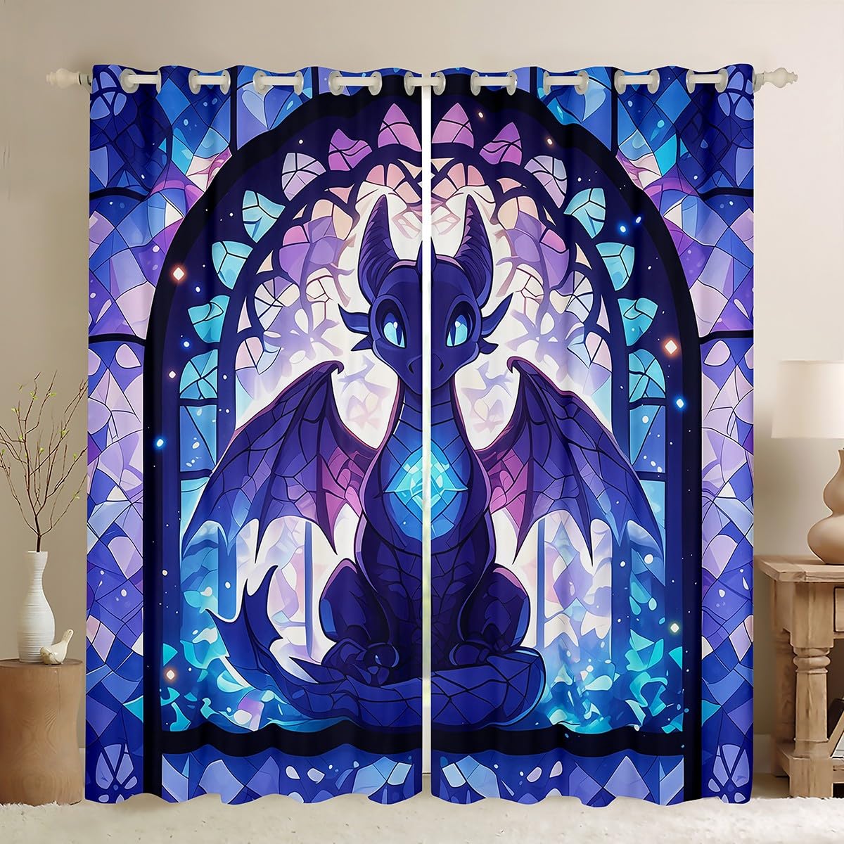 feelingyou Cartoon Dragon Curtains,Mystic Diamond Gothic Western Animal Window Drapes Bedroom Blackout 99%,European Retro Purple Blue Window Patchwork Window Treatment Grommet Top 2 Panels,46Wx54L
