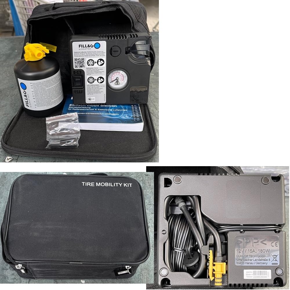 Kit ANTIPINCHAZOS con LIQUIDO Kit DE INFLADO Y REPARACIÓN AUTOMÁTICA con Bomba DE Aire ELÉCTRICA Y LÍQUIDO SELLANTE DE 450 ML para Coches, SUV, Todoterreno, Motos