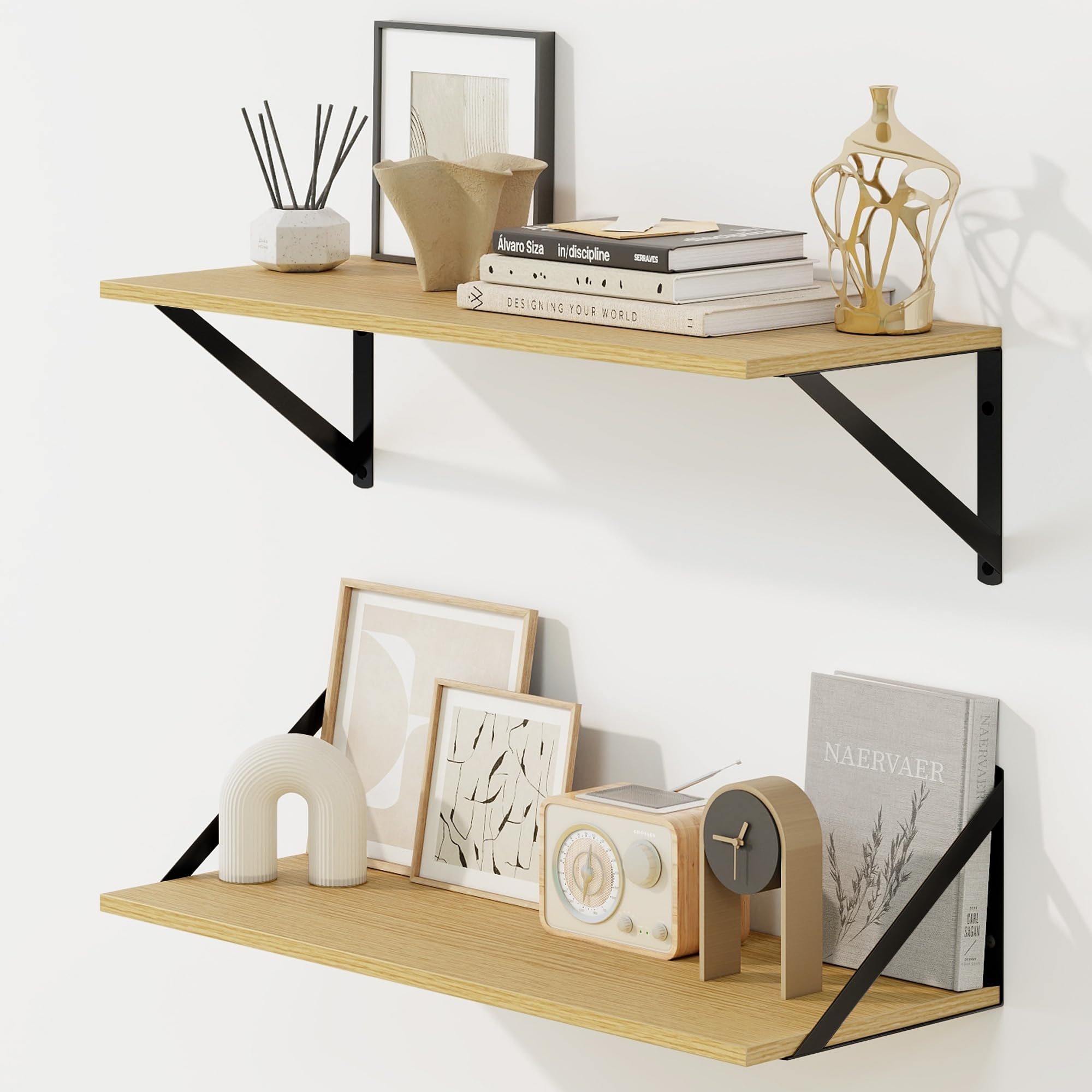 Fun Memories Deep Floating Shelves for Wall, 60 x 20 cm Wall Mounted Shelves Set of 2, Wide Display Ledge Shelf with Sturdy Metal Brackets for Living Room, Bathroom, Bedroom and Kitchen, Oak