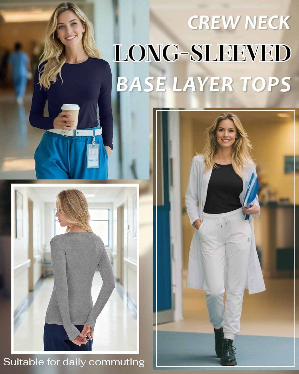 3 Pack Women's Under Scrub Shirts Long Sleeve Crew Neck Slim Fit Tees Basic Casual Soft Undershirts for Nurse - Image 3