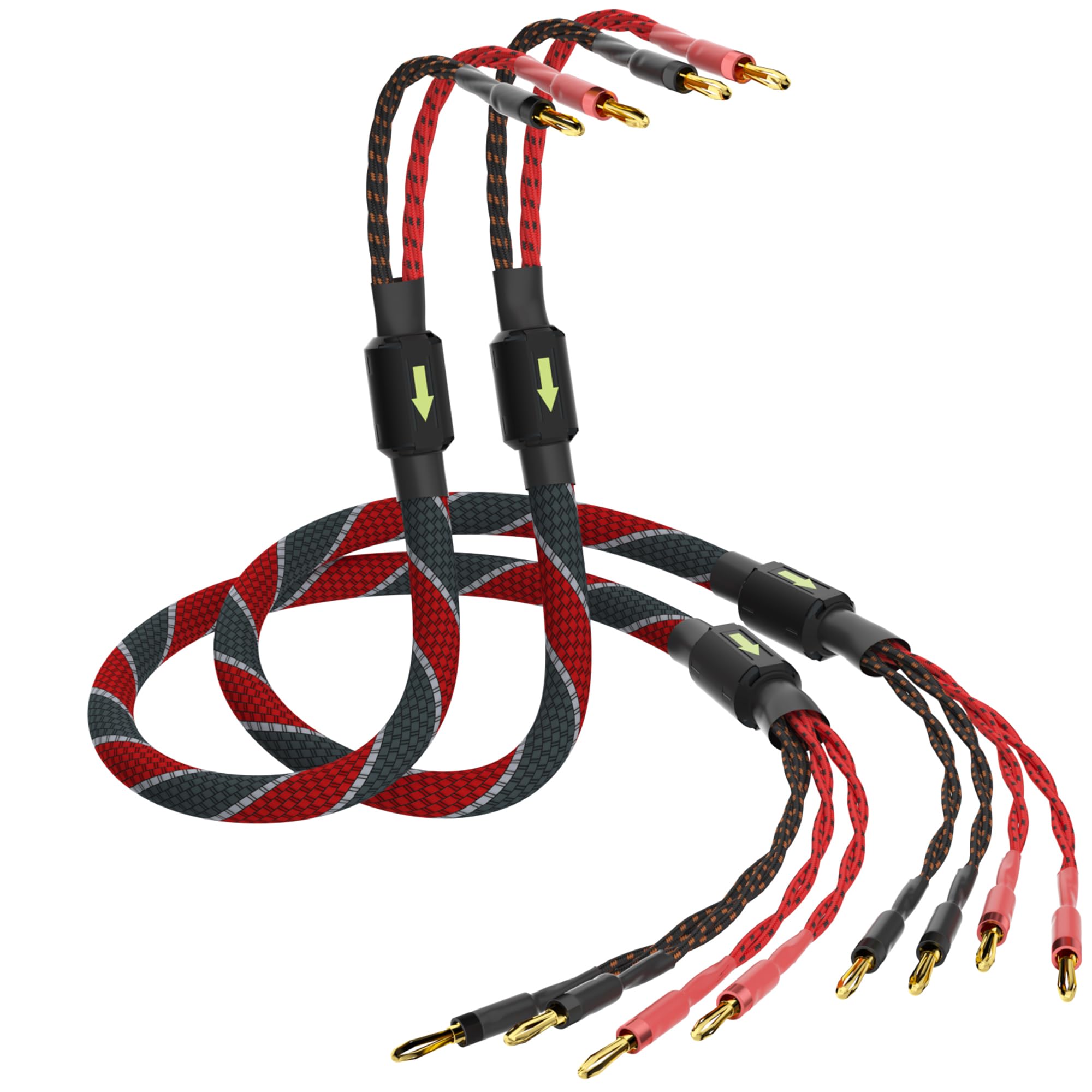 Monosaudio 1 paio di cavi per altoparlanti HiFi, in rame OFC intrecciato, con connettori a banana placcati in oro 24 K, anello anti-interferenza, per amplificatori, altoparlanti, home theater e studio