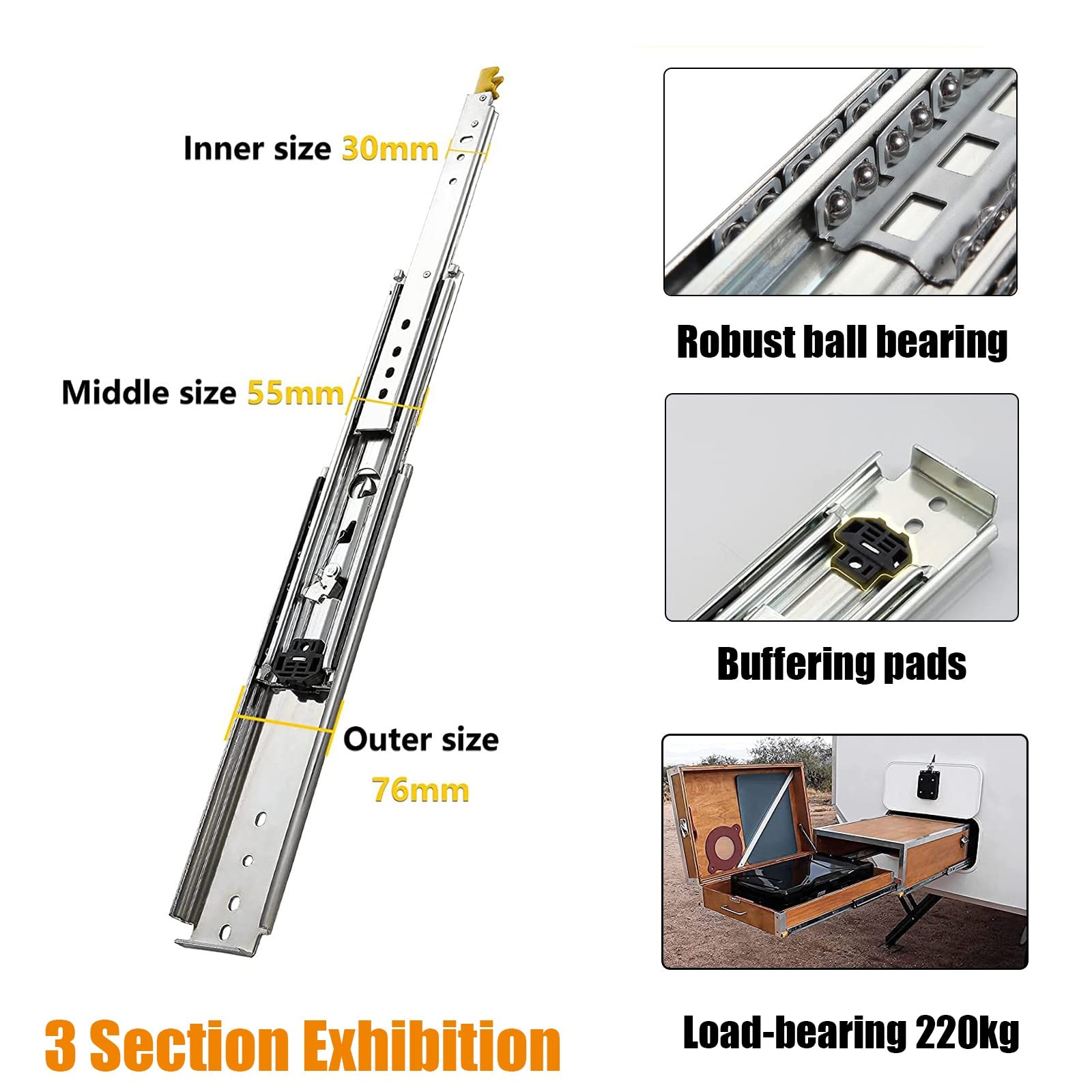 Guías para cajones de extensión, capacidad resistente, guías para cajones con rodamientos de bolas, 1 par de rieles telescópicos de metal, con cerradura, extensión completa de 3 pliegues, resistente,