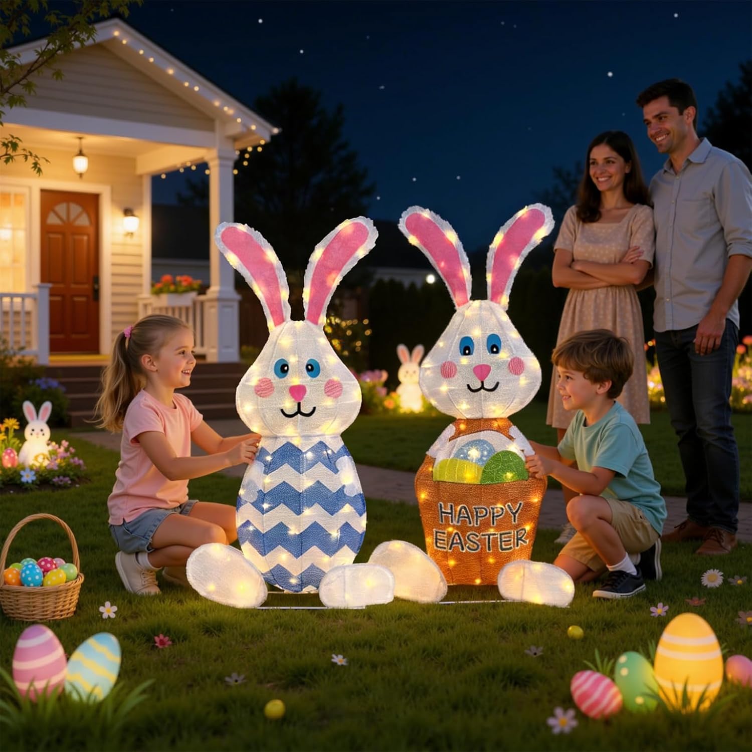 Outdoor Easter Rabbit Yard Decorations, 38 Inch Lighted Metal Decor with 120L, Set of 2 Plug-in LED Bunny Couple Festive Holiday Ornaments for Garden Patio Yard Porch Lawn Display