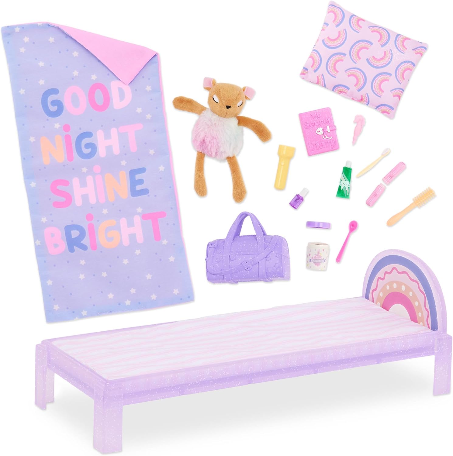 Glitter Girls – 14-Inch Fashion Doll – Pink Hair & Violet Eyes – Fluffy, Multicolored Onesie – Bed & Accessories - 3+ Years – Rafa & Bedtime Playset