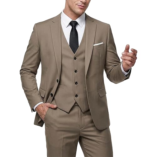 MY'S Men's 3 Piece Slim Fit Suit Set with Tie, 2 Button Blazer Jacket Vest & Pants, Business Wedding Party Prom Suit for Men