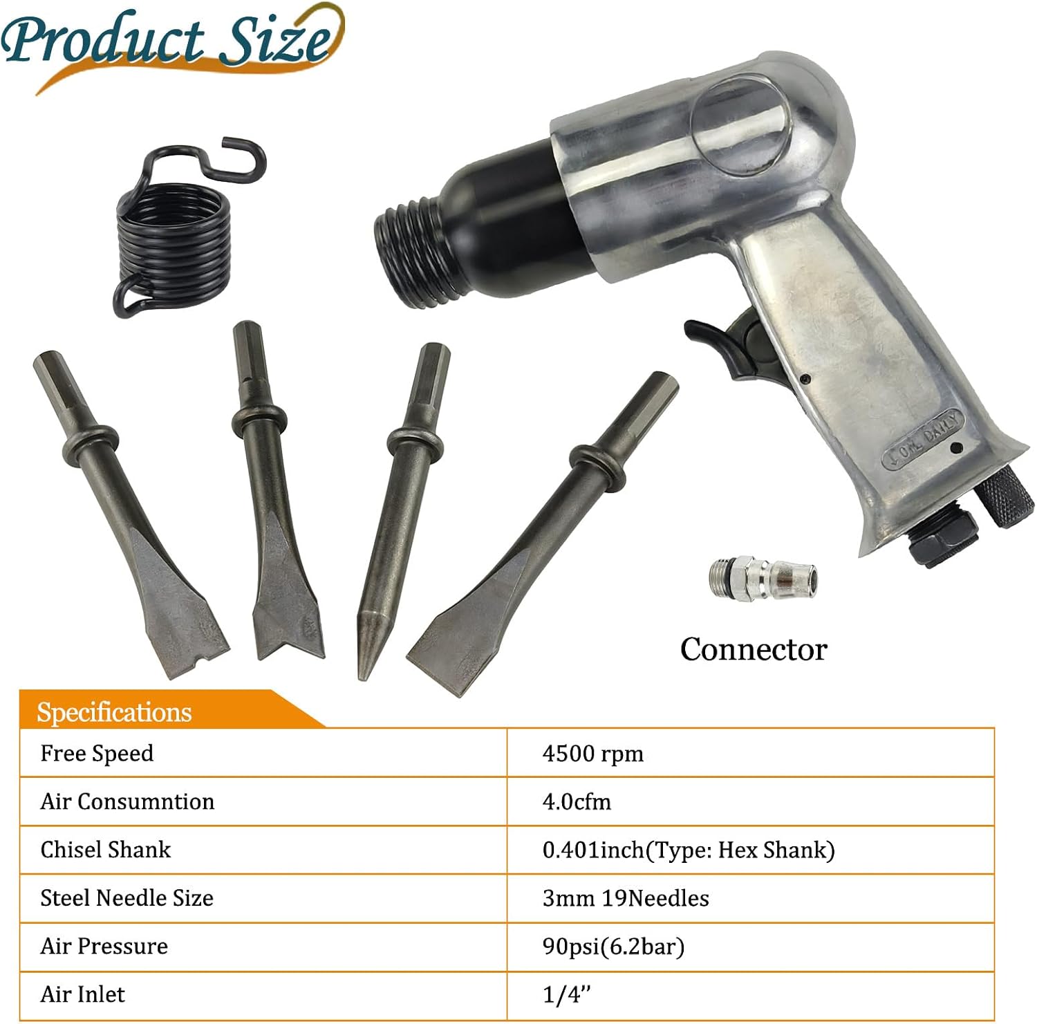 4500 BPM Industrial Air Chisel with 4-Piece Bit Set - Straight Pneumatic Hammer for Cutting, Drilling, Rust Removal