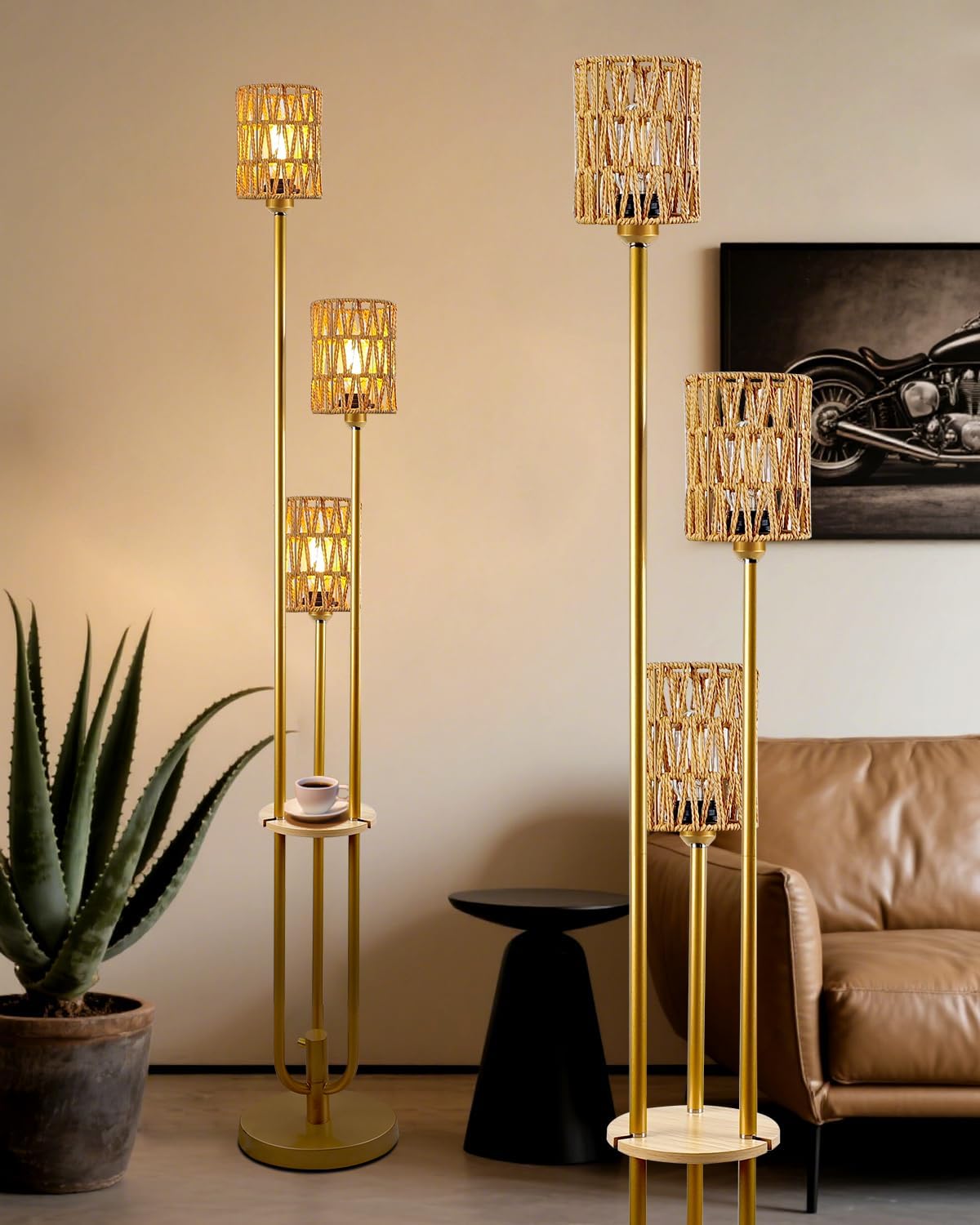 Lightdot Dimmable Boho Floor Lamps for Living Room, 3-Lights Rattan Floor Lamp with Shelves, Farmhouse Floor Lamp, Rustic Gold Standing Lamp with Warmwhite Bulbs Included for Sofa Beside/Corner Decor