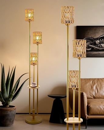 Lightdot Dimmable Boho Floor Lamps with 5Lbs Heavy Base for Living Room, 3-Lights Rattan Floor Lamp with Shelves Rustic Gold Standing Lamp with Warmwhite Bulbs Included for Sofa Beside/Corner Decor
