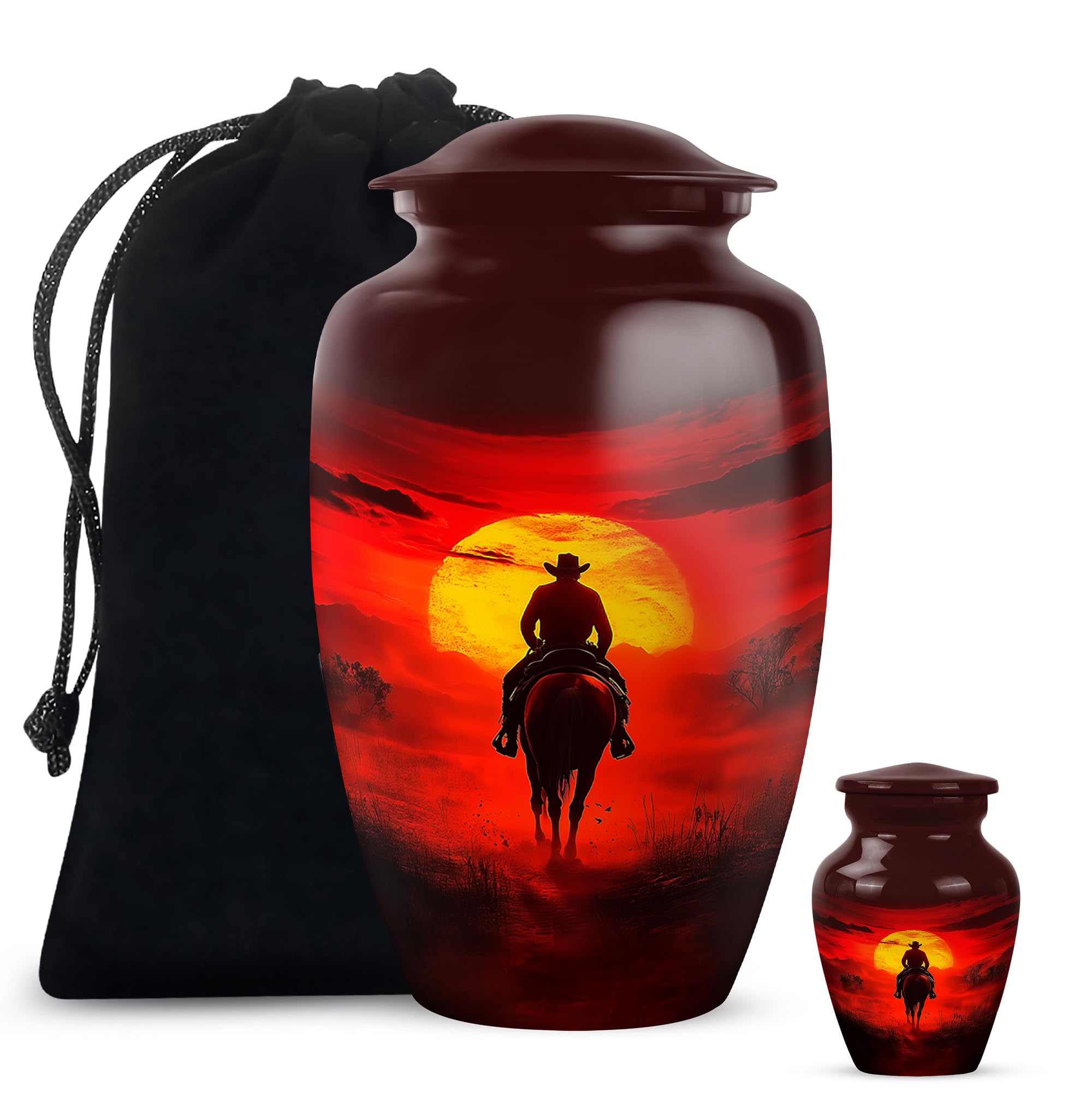 Cowboy Cremation Urn - Large &amp; Small Urns for Human Ashes Adult Male - Urn for Ashes for Women - Funeral Urns for Adult Ashes Women (Combo - 10" &amp; 3", 2 Pcs)