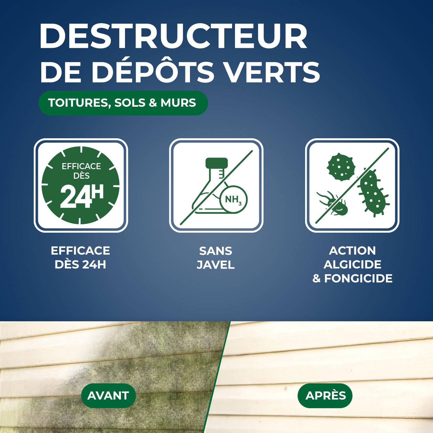 STARWAX - Destructeur de Dépôts Verts Concentré à Diluer - Elimine en Profondeur les Dépôts Verts, Lichens et Algues -Toitures, Murs et Sols - Sans Rinçage -Efficace dès 24h - Fabriqué en France - 1l