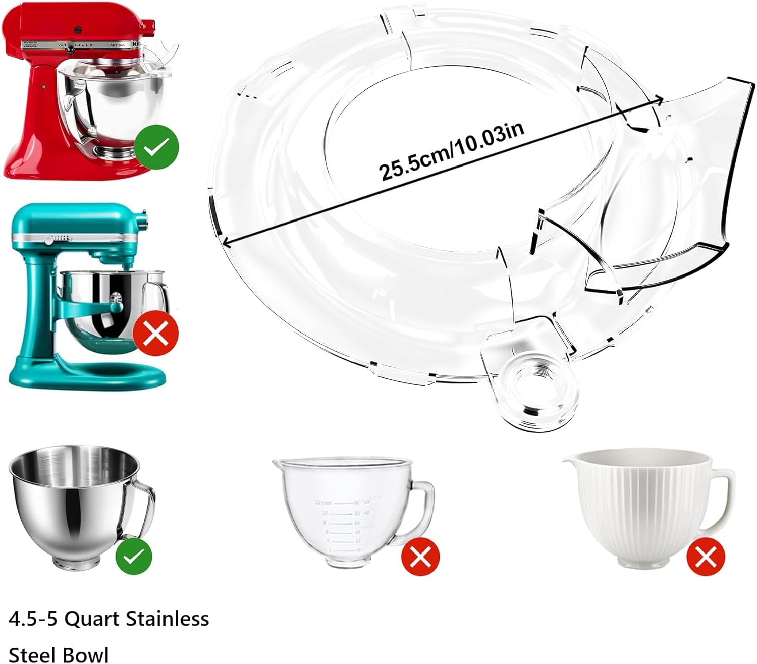 Pouring Shield for Kitchen Aid 4.5-5 Quart Stainless Steel Bowls, Fully Enclosed Foldable Lid Mixer Bowl Cover, Dishwasher Safe (Clear)