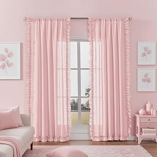Blush Pink Linen Ruffled Curtains Girls Room 58 x 72 Inch, 2 Panels