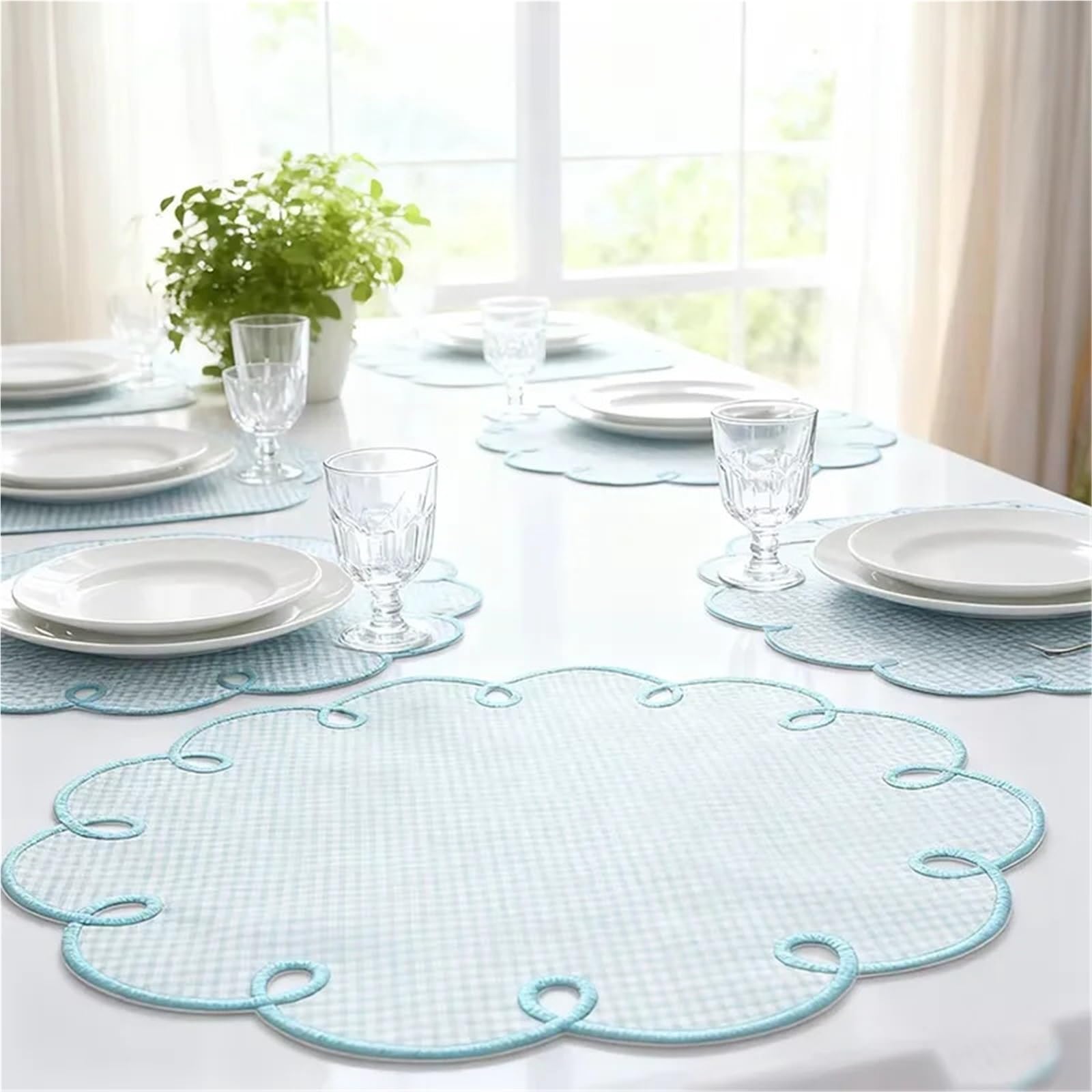 Hellblau Kariertes, Besticktes Rand-Romantisches Retro-Tischset aus weicher Serviette for die Außendekoration, Party-Tischservietten(Light a 6pcs)