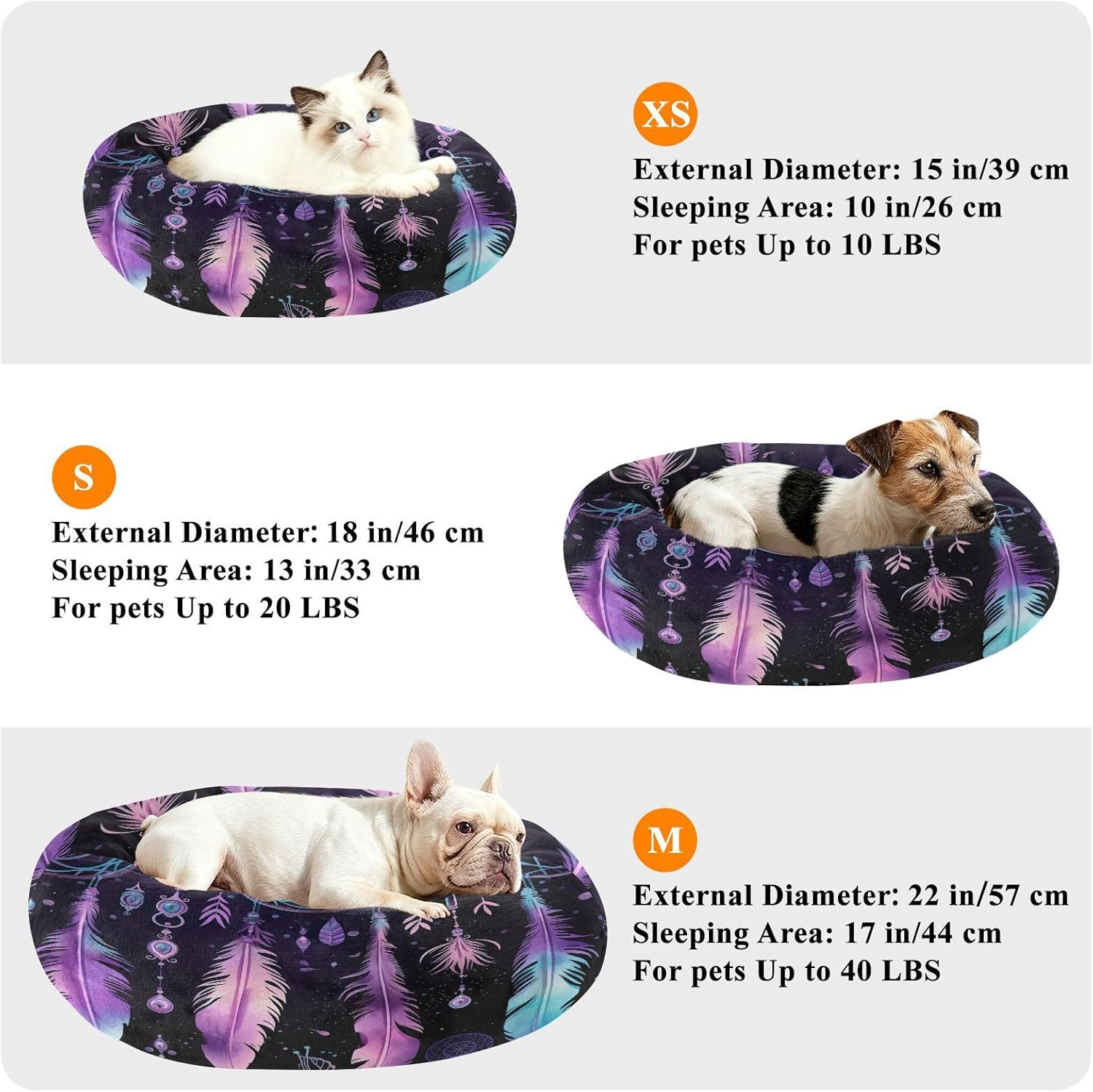 Dog Bed Ultra Soft Fluffy Comfortable Cat Bed, Purple Feathers Washable Dog Beds Anti-Slip Round Pet Beds for Medium Dogs