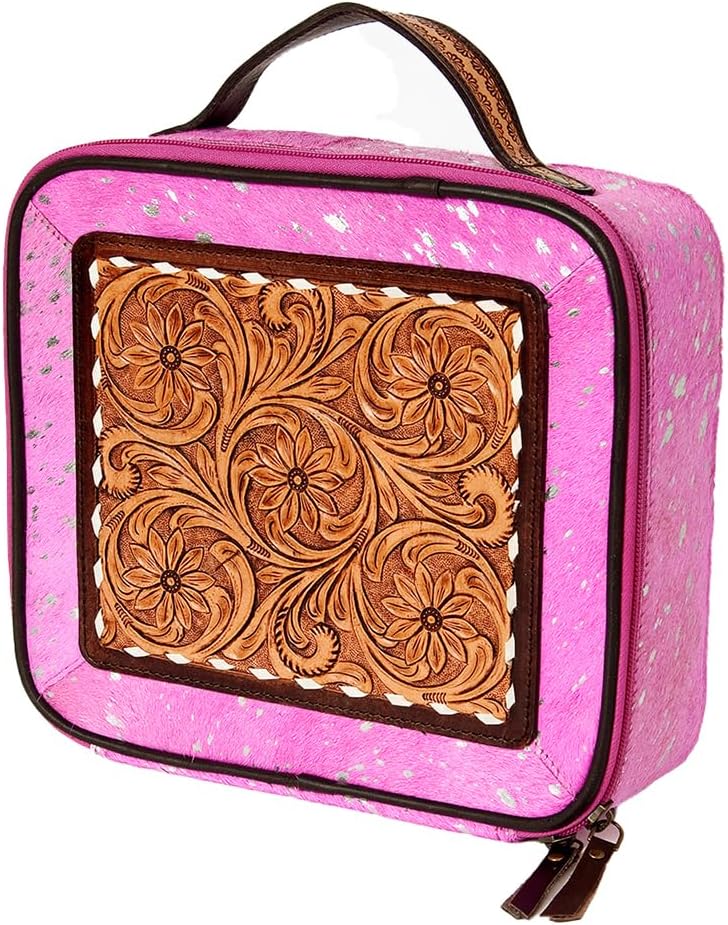 American Darling Genuine Leather Jewelry Case Hair-On Cowhide Floral Carved Tooled Travel Organizer Box with YKK Zipper