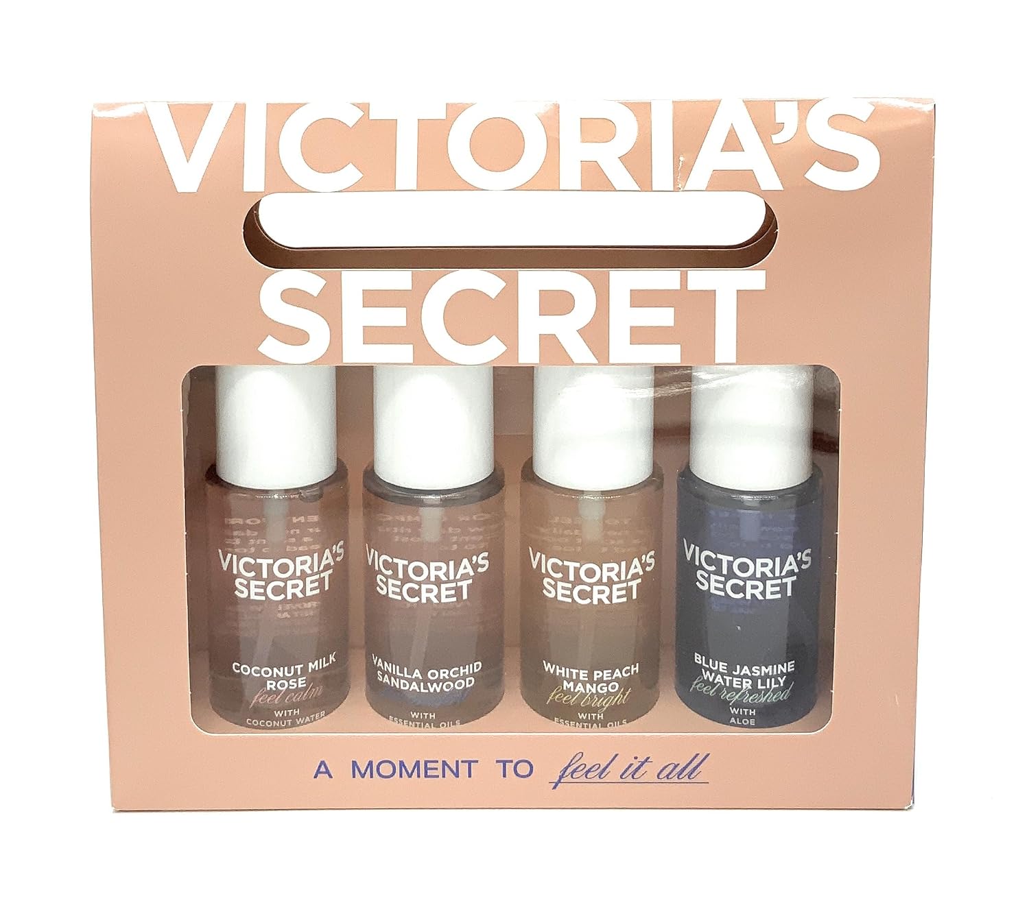 Victoria's Secret Best Of Hair & Body Mist, Set Include: Coconut Milk Rose, Vanilla Orchid Sandalwood, White Peach Mango, Blue Jasmine Water Lily 2.5 fl oz each