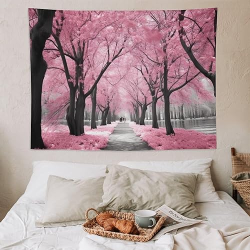 Miniatura 9 de BAHELS Tapiz de bosque floral rosa para decoración del hogar, flores de cerezo de primavera, tapiz de paisaje de flores francesas, tapiz para colgar