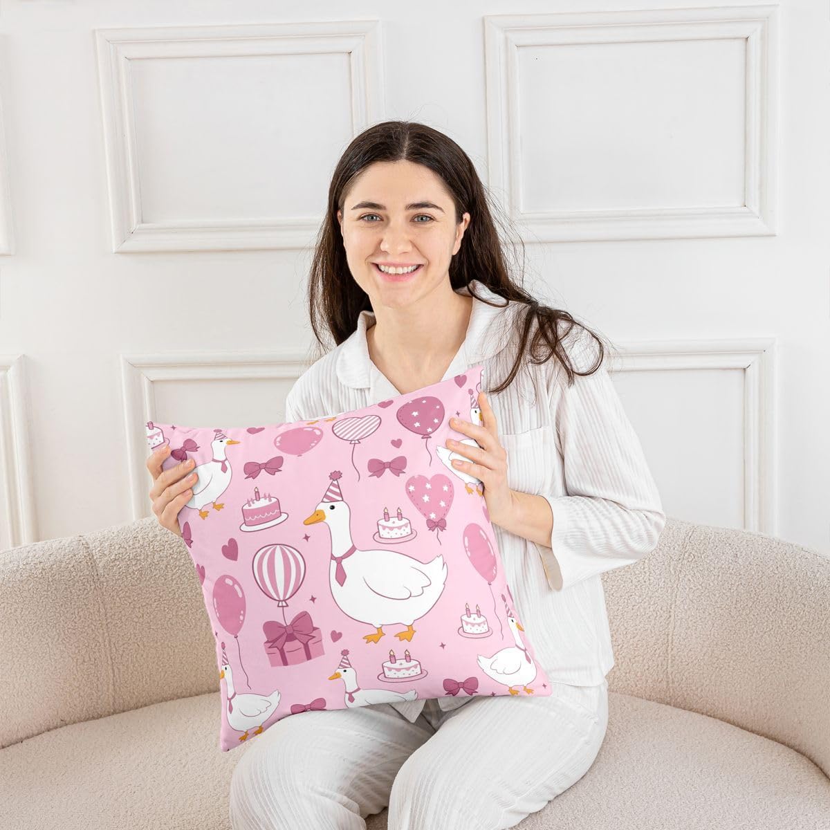 Birthday Goose Cute Party Cake Balloon Throw Pillow Cover,22x22 Inches image 4