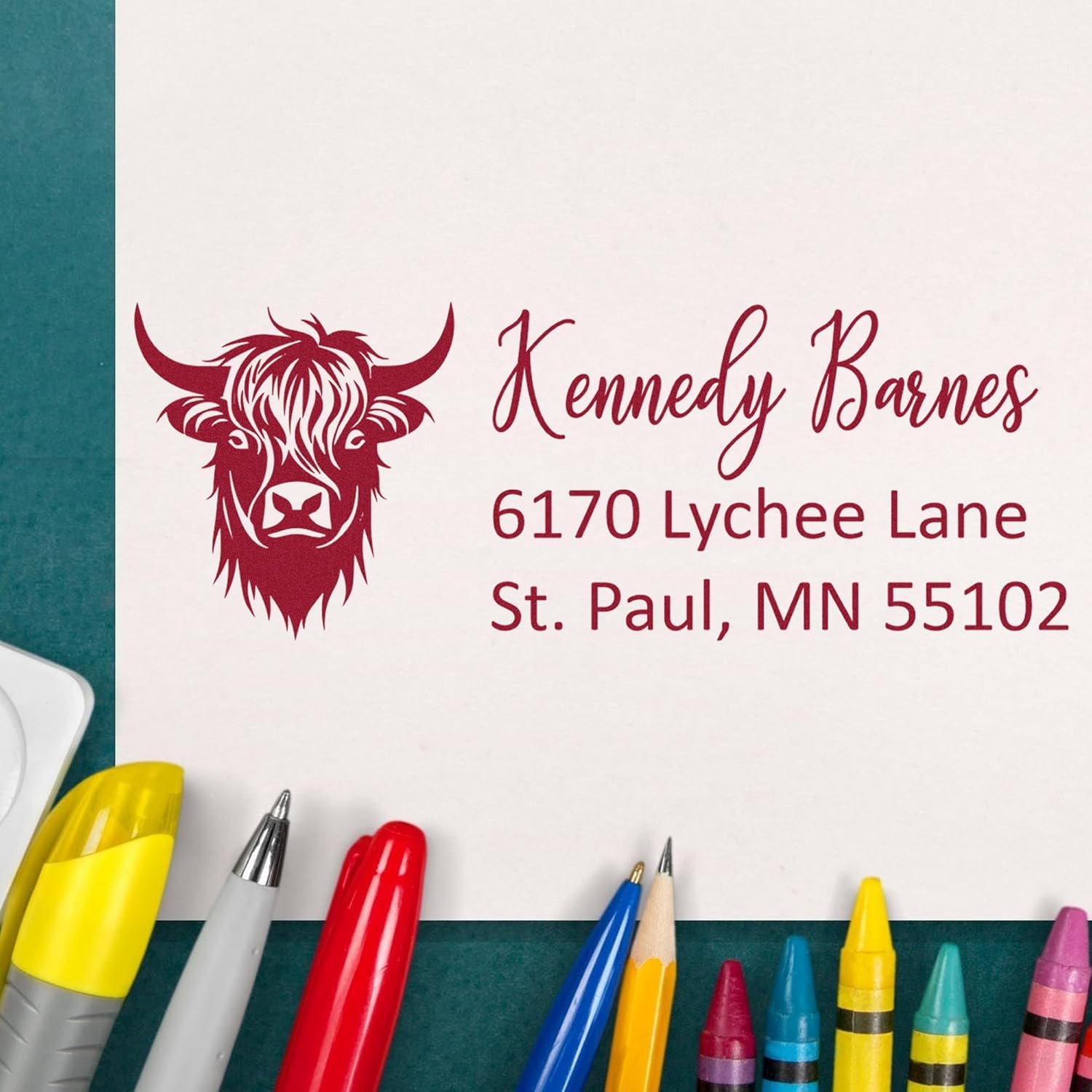 Highland Cow Self-Inking Stamper, Customizable Name and Address Stamp for Livestock Feed Suppliers, Camouflaged Design, Ideal for Branding, Labeling, and Mailing - Unique Highland Cow Stamp