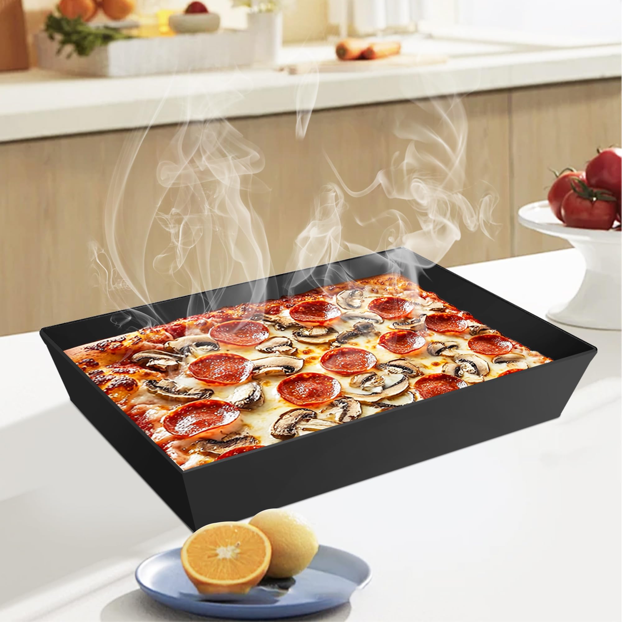 Lloyds, plaque à pizza profonde (antiadhésive, sans BPA), 35,6 x 25,4 x 6,3 cm, moule à pizza rectangulaire anodisé dur, ustensiles de cuisine pré-assaisonnés (2)