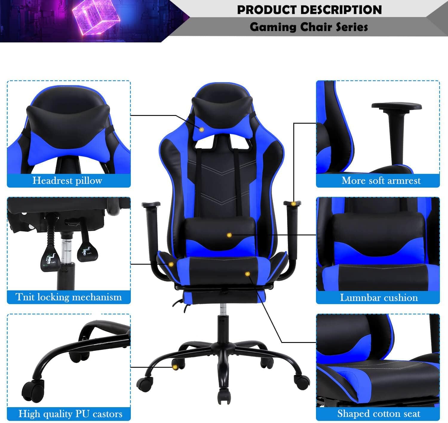 PC Computer Lumbar Support Headrest,High Back Racing Office Video Gaming Rolling Swivel Task Chair for Kids or Adults,Blue