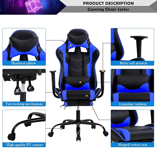 Miniatura 4 de Reposacabezas de soporte lumbar para computadora de PC, respaldo alto, para oficina, videojuegos, silla giratoria para niños o adultos, azul