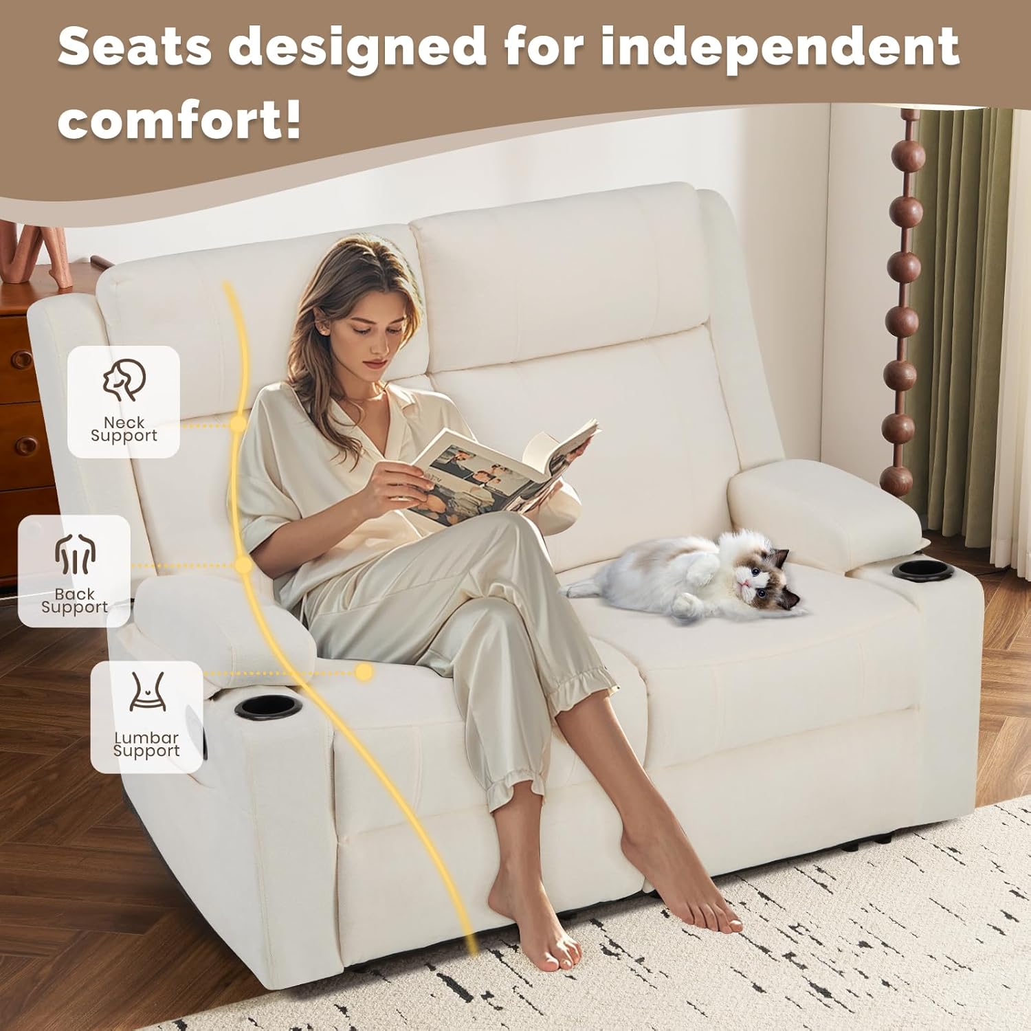 Manual Reclining Loveseat Sofa, 2-Seater Recliner Couch with Cup Holders, Fabric Reclining Sofa for Living Room/RV (Cream)