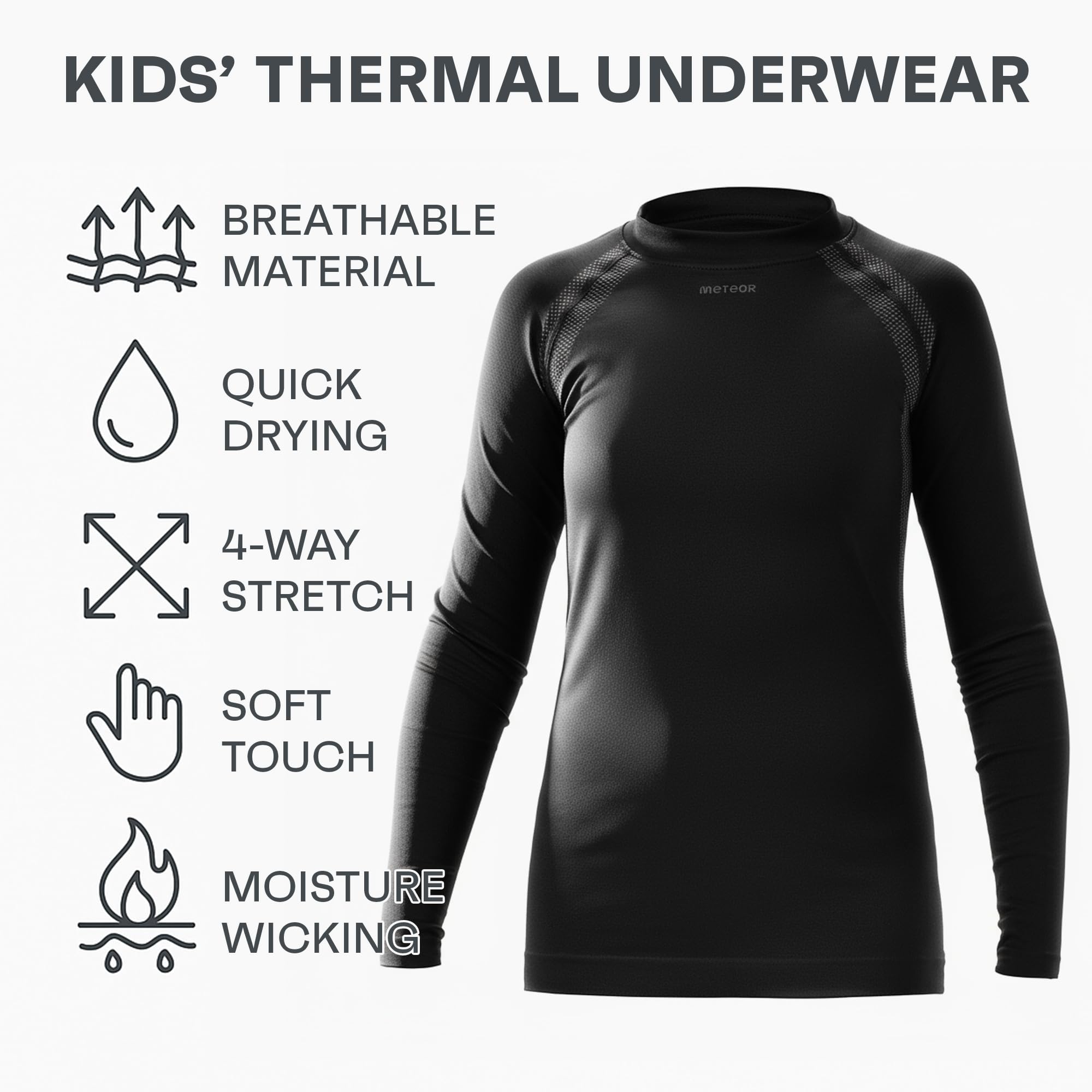meteor® Biancheria intima termica per bambini, traspirante, set di biancheria intima termica termica per bambini, biancheria intima termica per lo sport