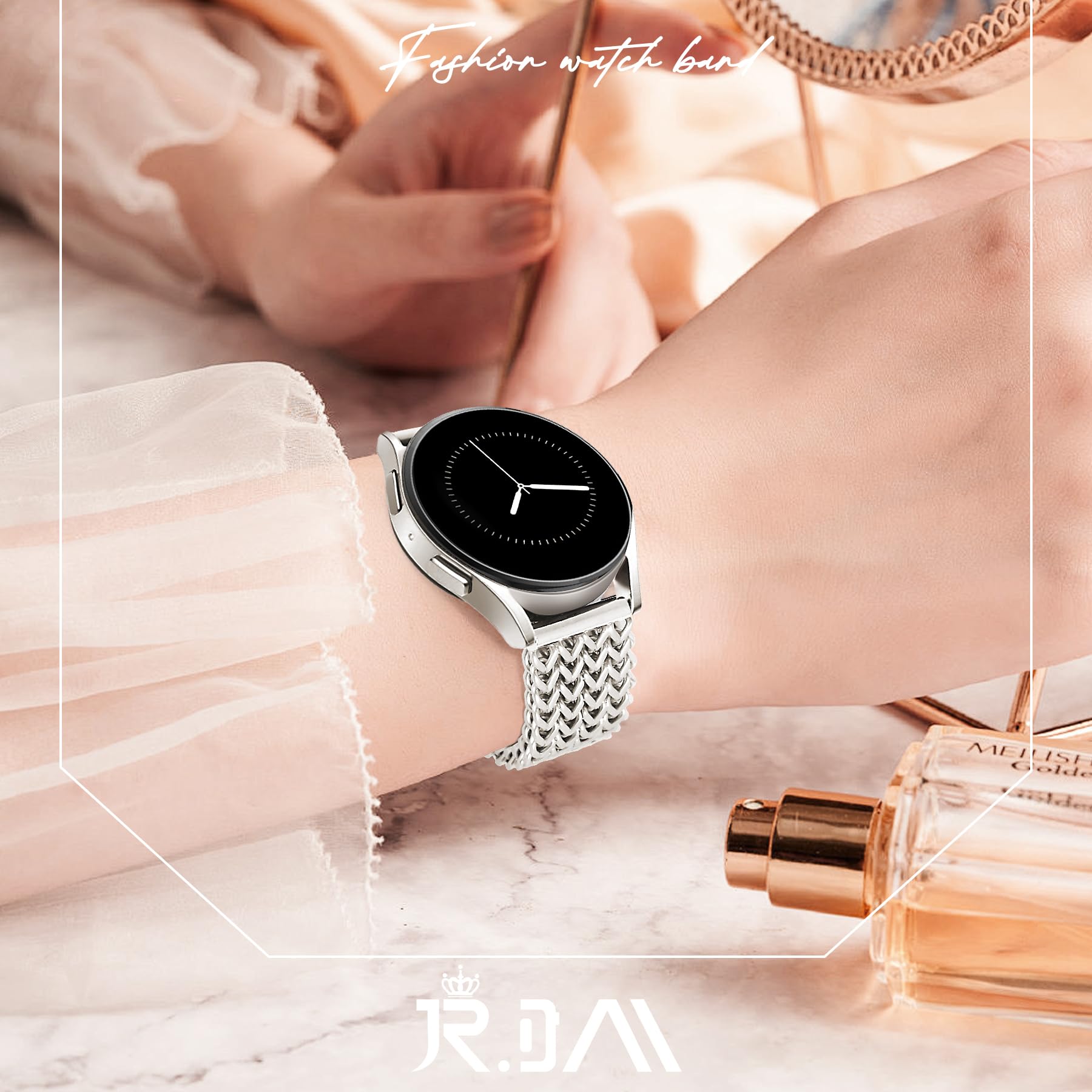JR.DM Starlight Bracelet de montre en métal de 20 mm pour femme – Bracelet élégant en acier inoxydable compatible avec Samsung Galaxy Watch 7/6/5/4/Active 2/4 6 Classic/5 Pro/FE 40 mm, 42 mm, 43 mm