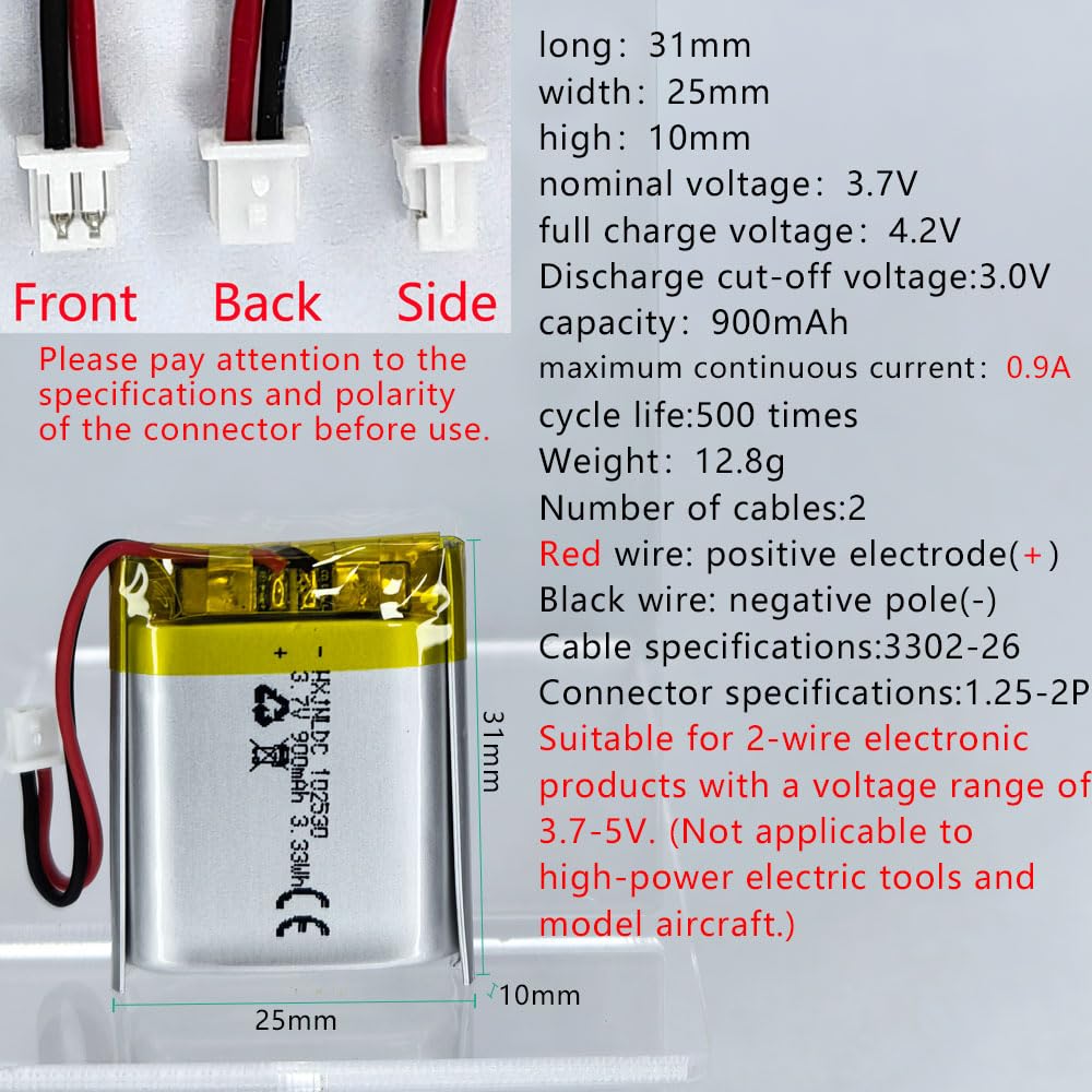 Batteria Al Litio Polimero 3.7V 500mAh 602040 Per DIY – Ricaricabile, 2 Fili, Per LED E Dispositivi 3.7-5V
