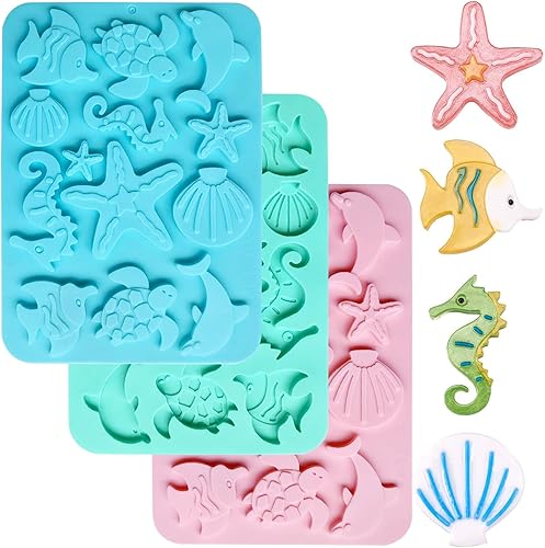 3 moldes de silicona con temática marina, antiadherentes para pasteles de animales marinos para chocolate, dulces, fondant, magdalenas, postres,