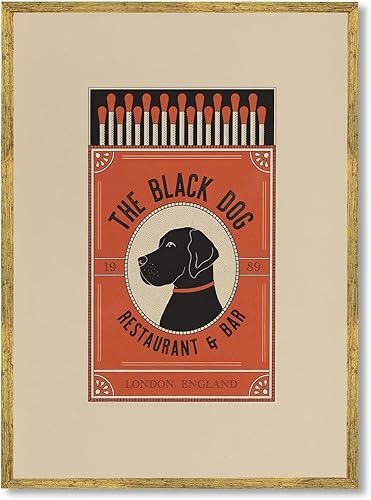 Arte de pared de bar de perro negro vintage enmarcado en oro, póster retro para decoración de restaurante, ilustración de animales, pintura en