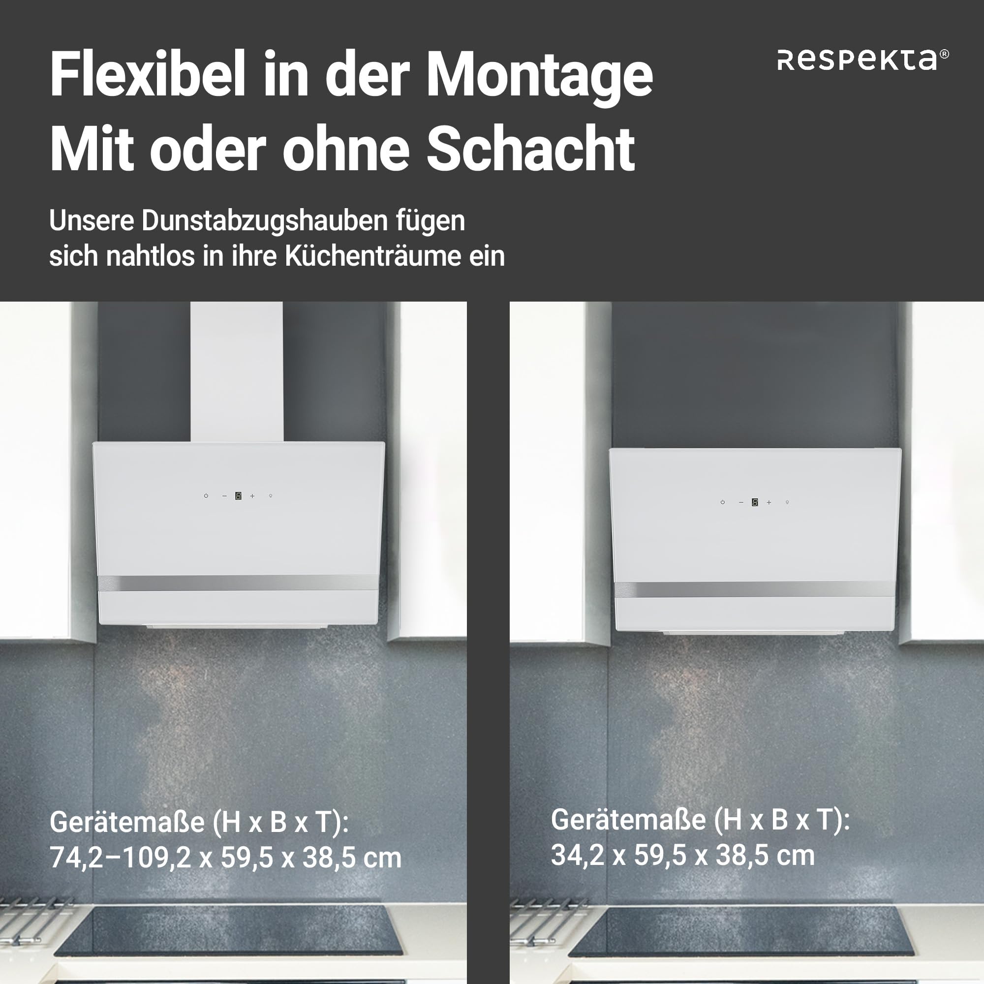 Respekta Dunstabzugshaube kopffrei/Haube schräg 60 cm/Metallgehäuse mit Glasschirm in Weiß/Abluft - und Umluftfunktion / CH24060WAM / A / 52 – 63 dB