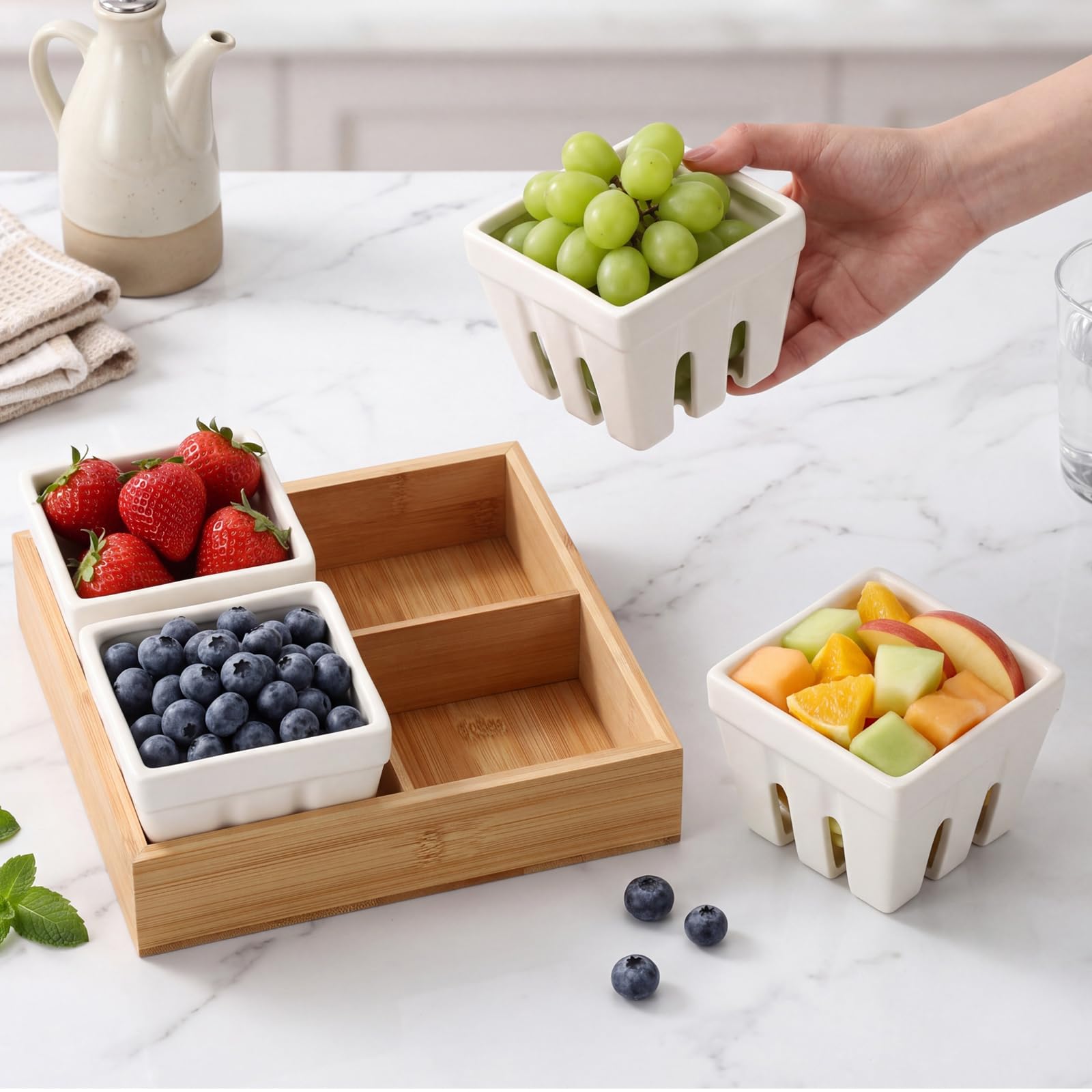 4 Pcs Ceramic Berry Baskets with Bamboo Tray, Fruit Colander Set